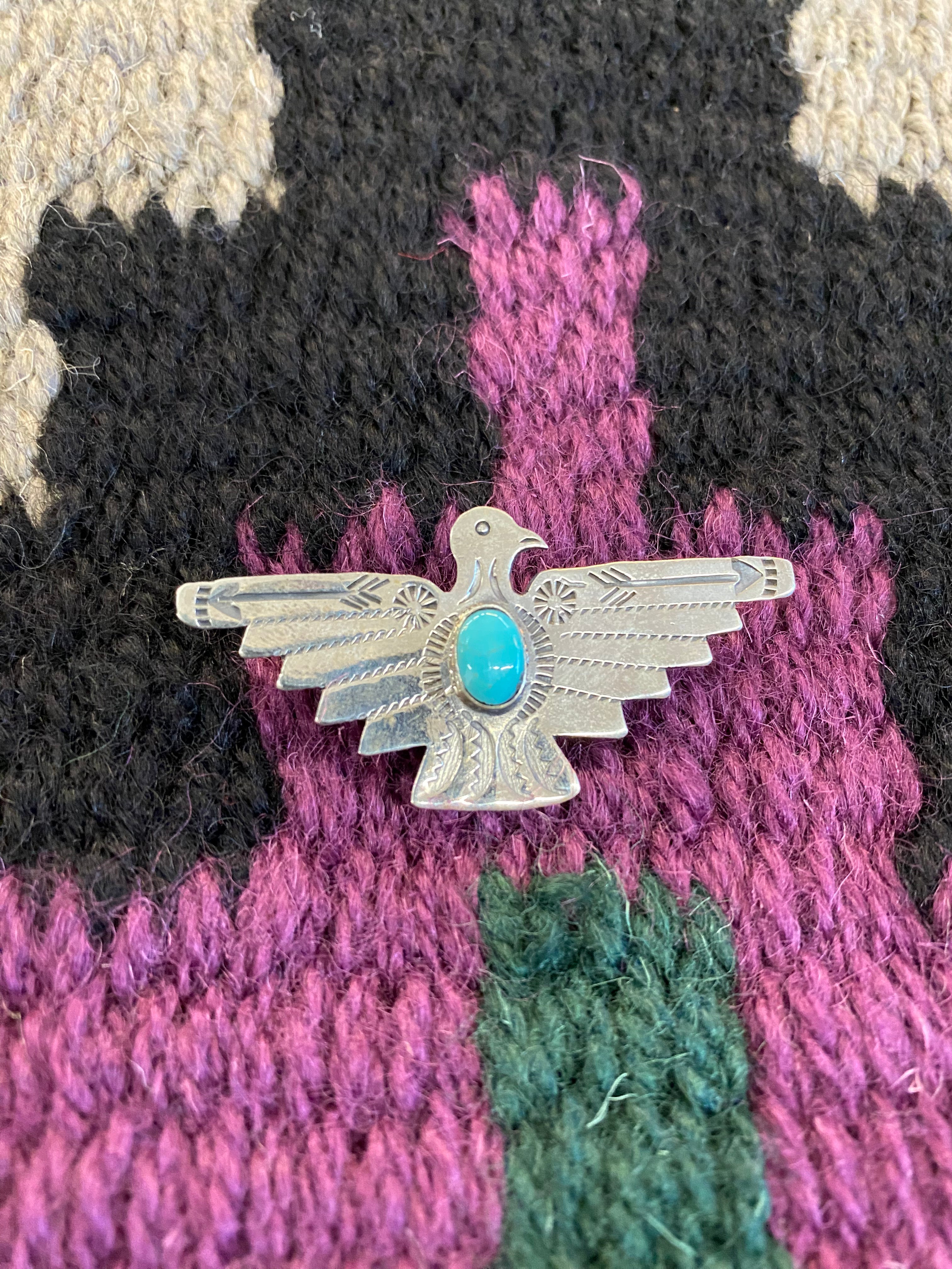 Sterling Silver Thunderbird Pin With Turquoise Stone