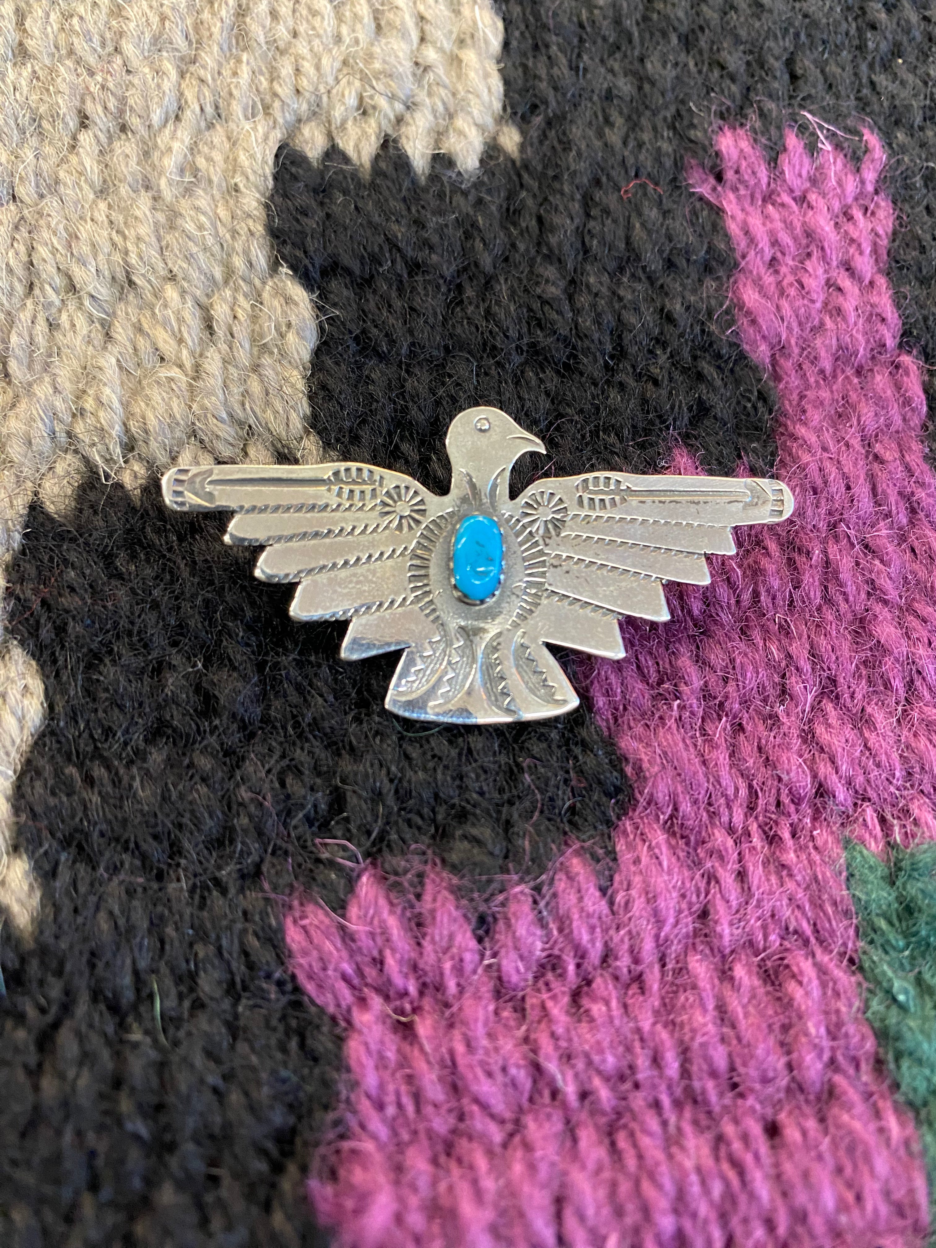 Sterling Silver Thunderbird Pin With Turquoise Stone