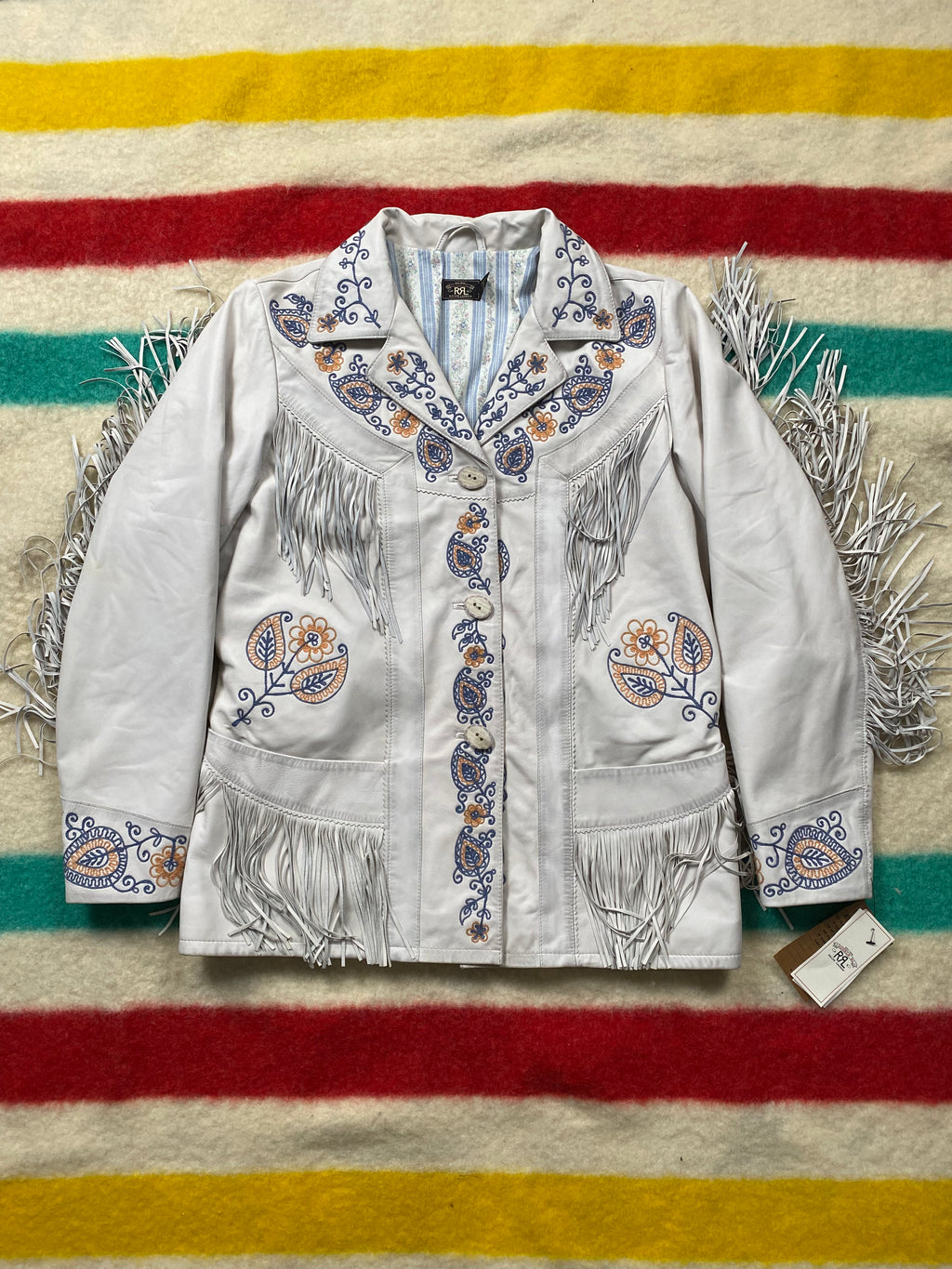 RRL Chain Stitch Embroidered Leather Fringe Jacket