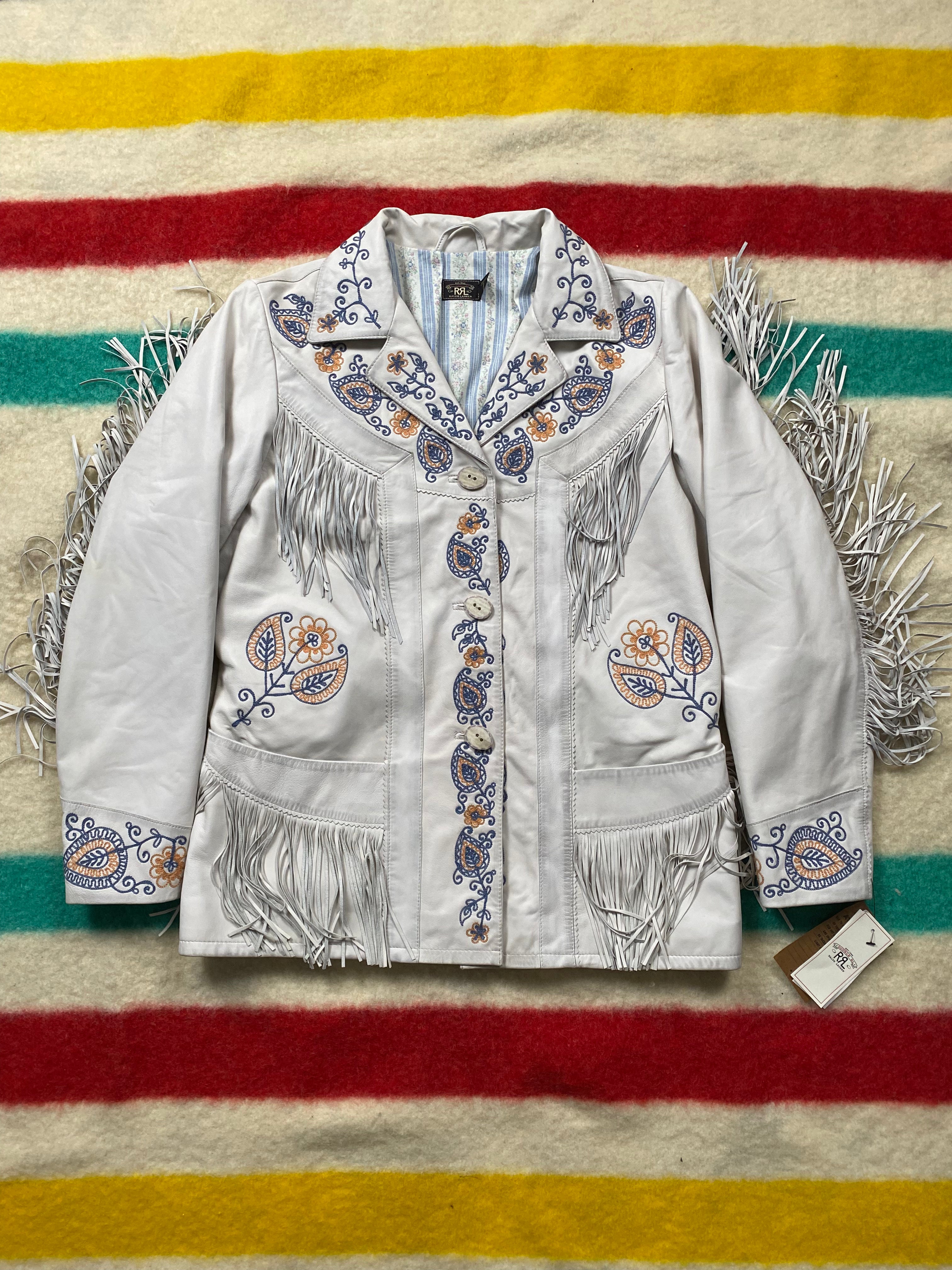 RRL Chain Stitch Embroidered Leather Fringe Jacket
