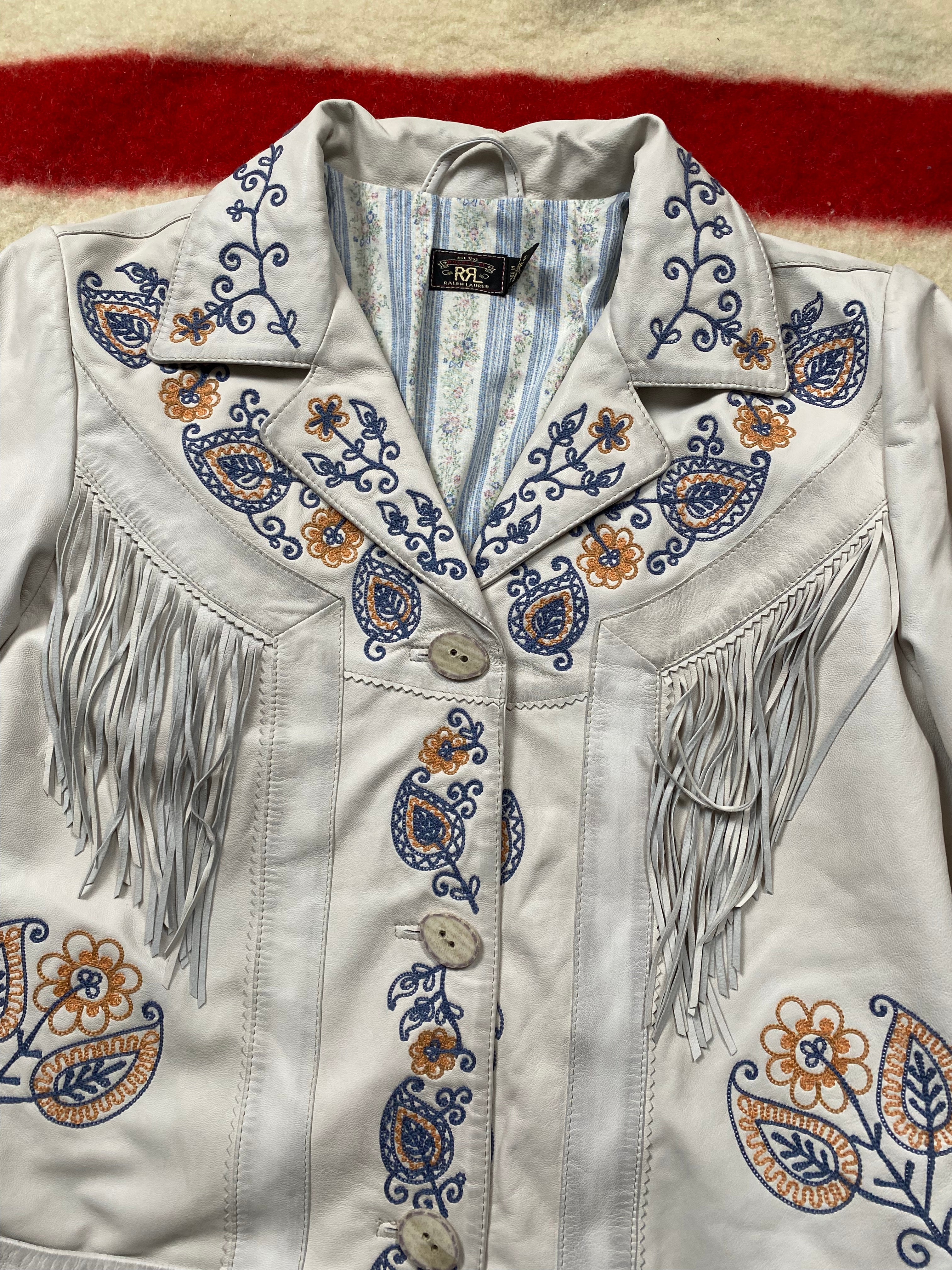 RRL Chain Stitch Embroidered Leather Fringe Jacket