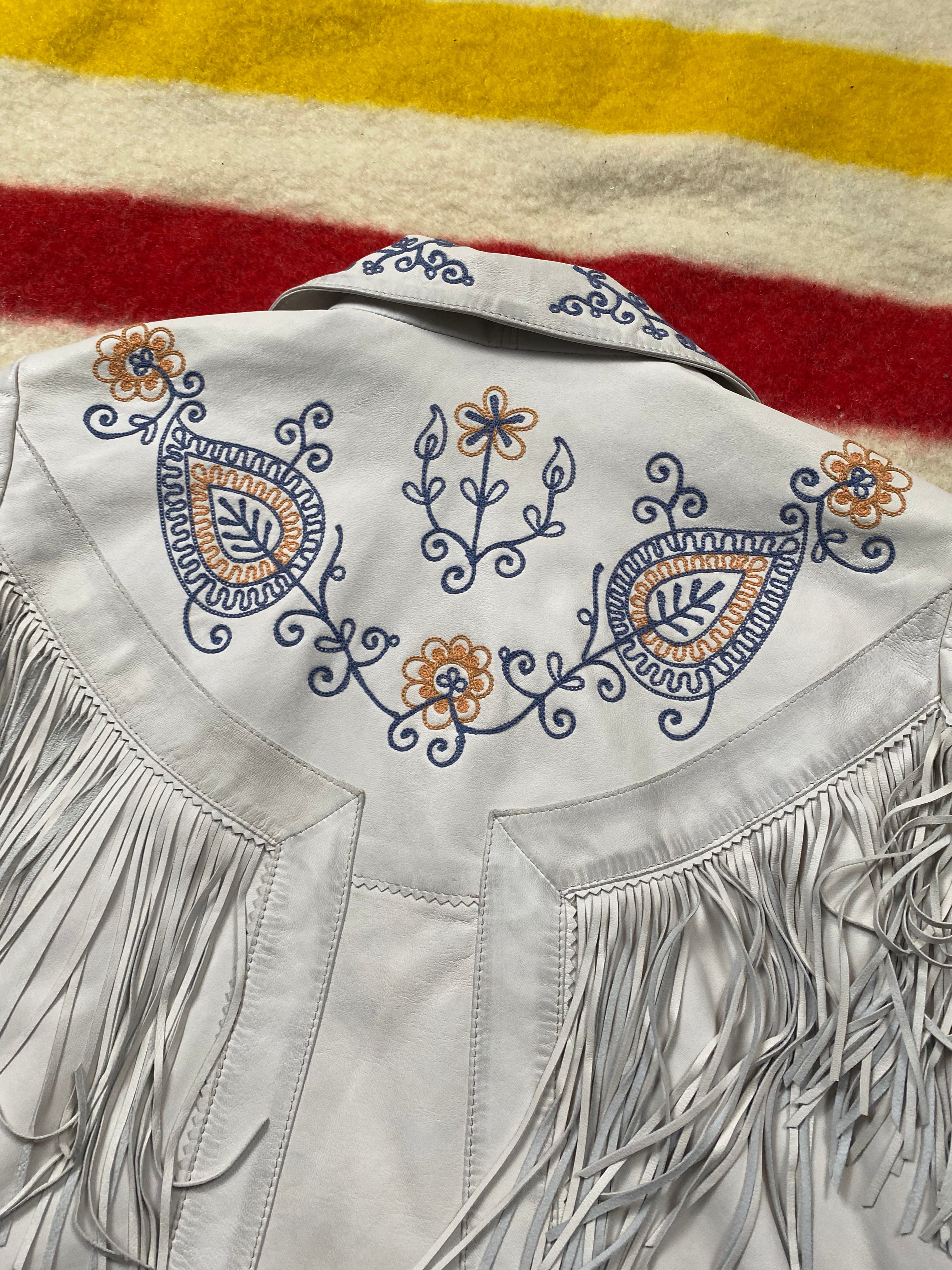 RRL Chain Stitch Embroidered Leather Fringe Jacket