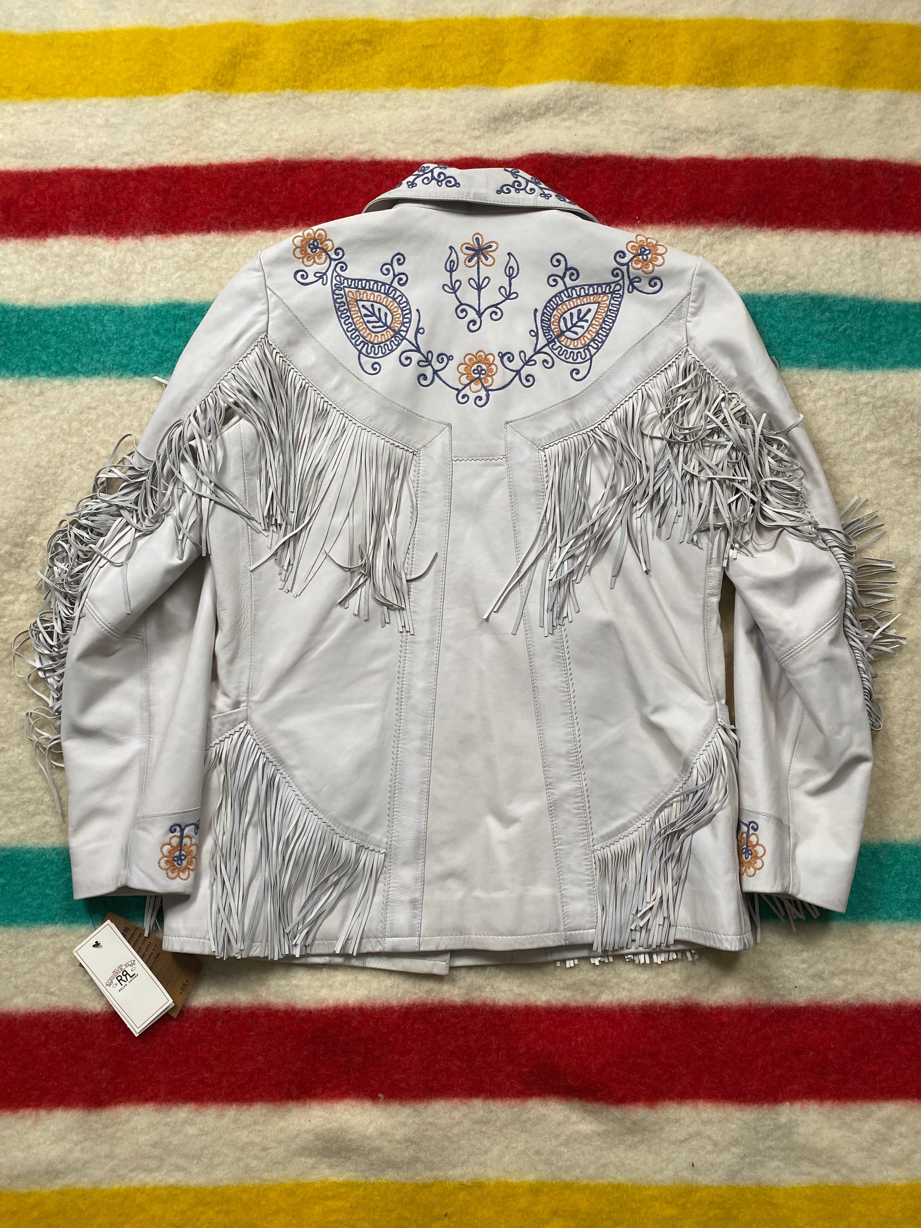 RRL Chain Stitch Embroidered Leather Fringe Jacket