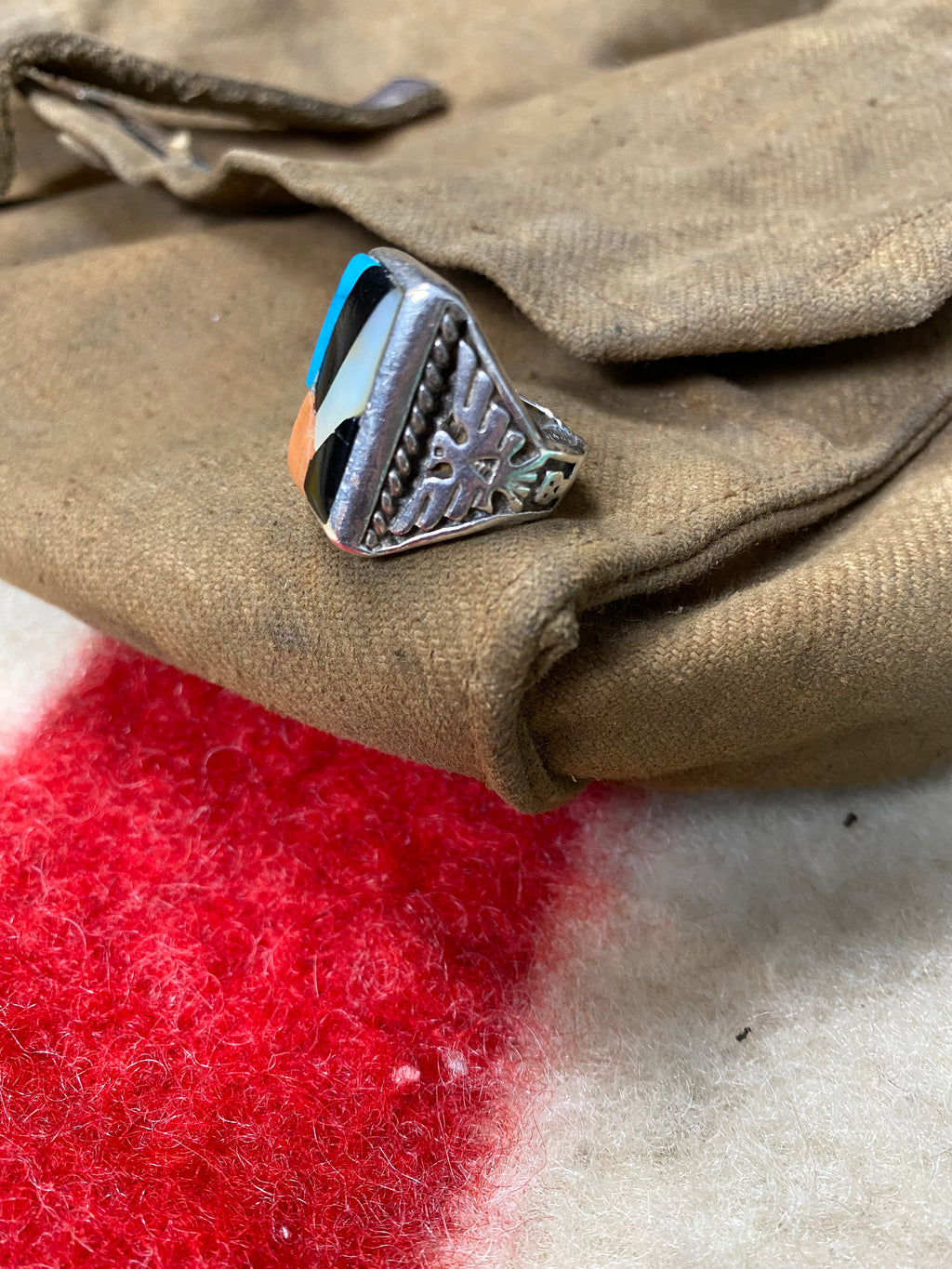 Fred Harvey Era Zuni Thunderbird - Rising Sun Sterling Ring