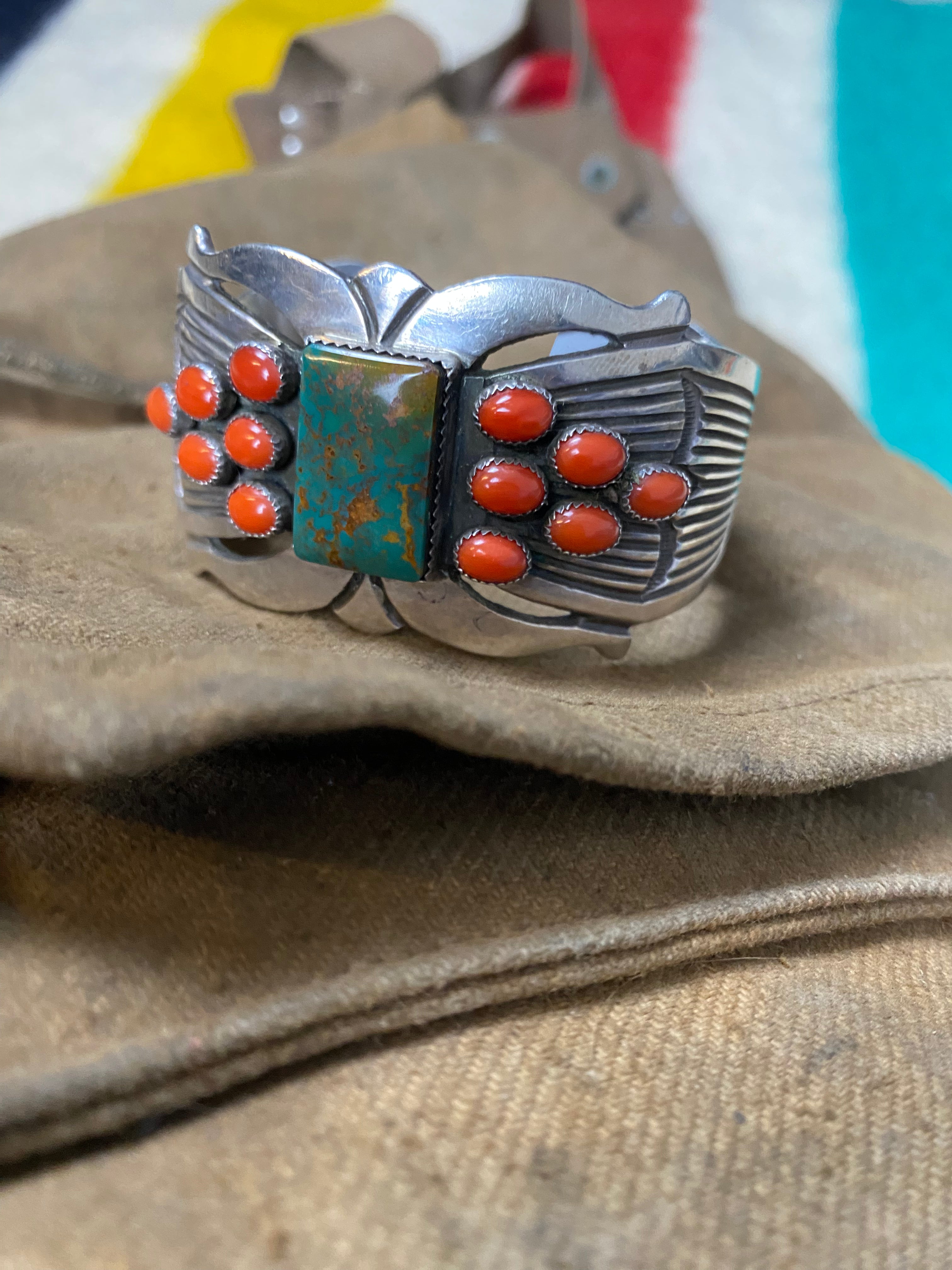 Rick Martinez Sterling Silver Navajo Cuff With Royston Turquoise & Coral Stones