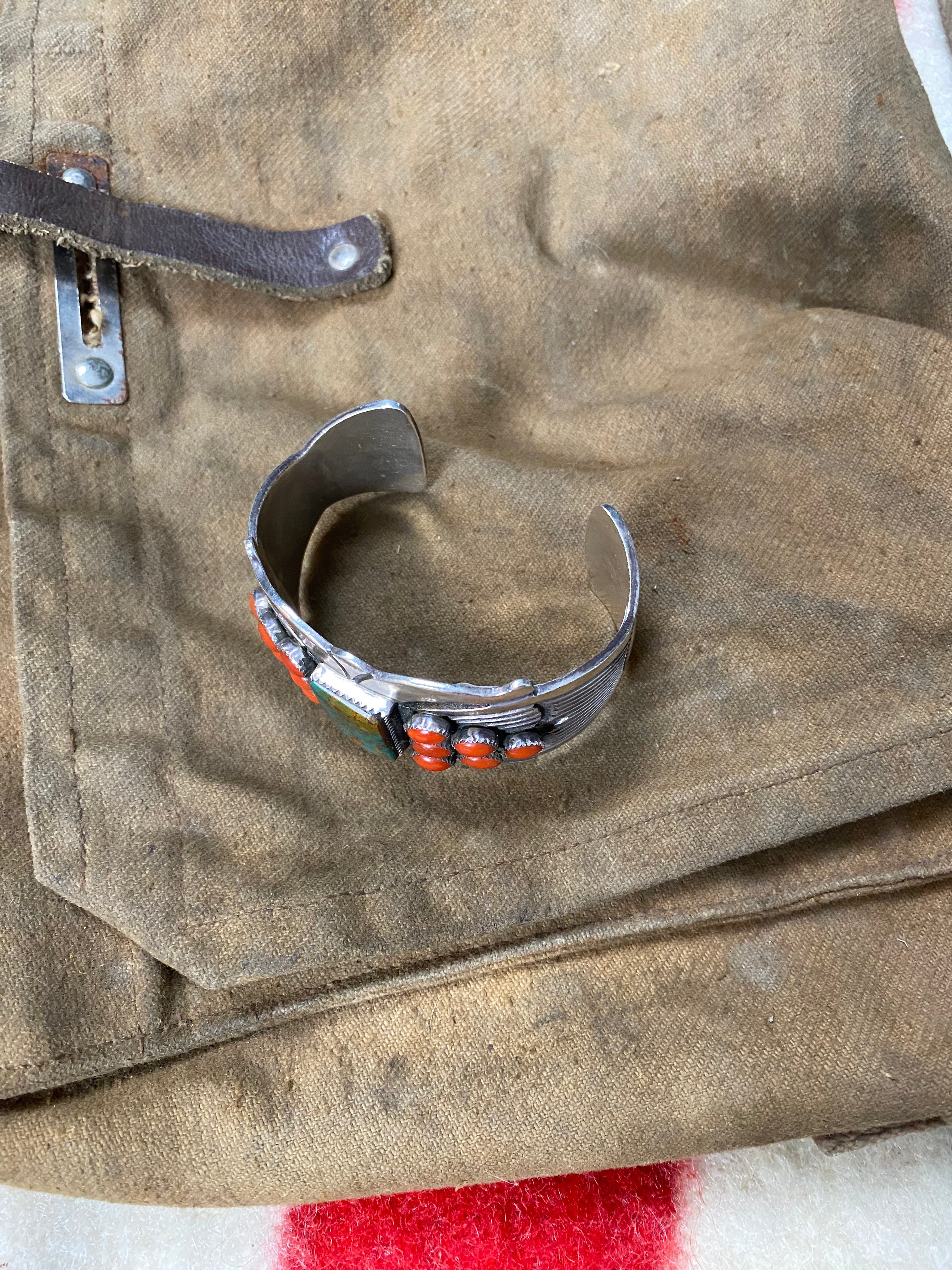Rick Martinez Sterling Silver Navajo Cuff With Royston Turquoise & Coral Stones