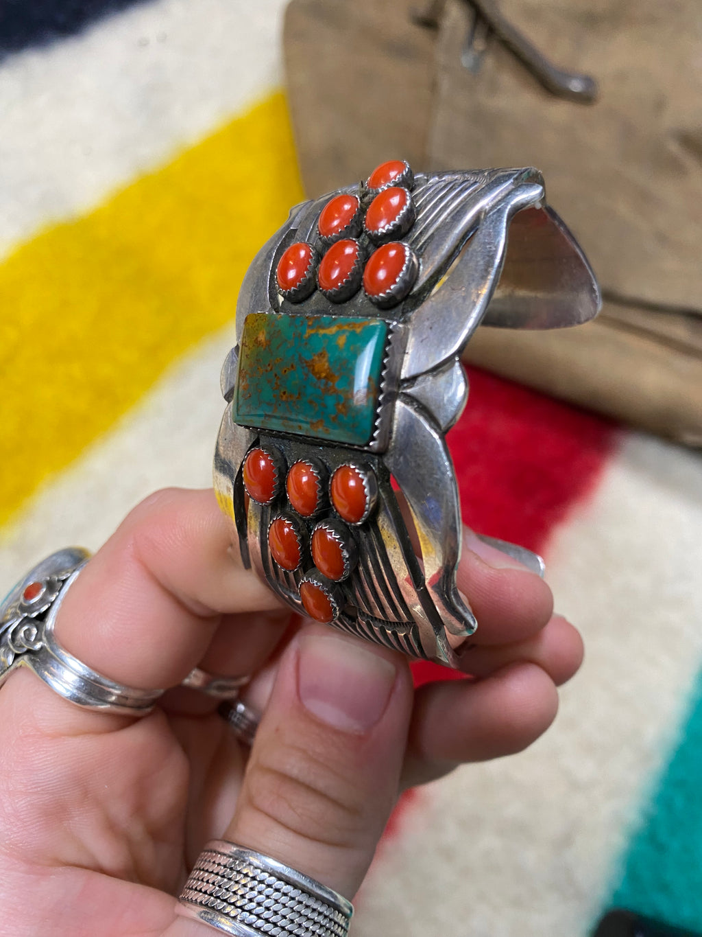 Rick Martinez Sterling Silver Navajo Cuff With Royston Turquoise & Coral Stones