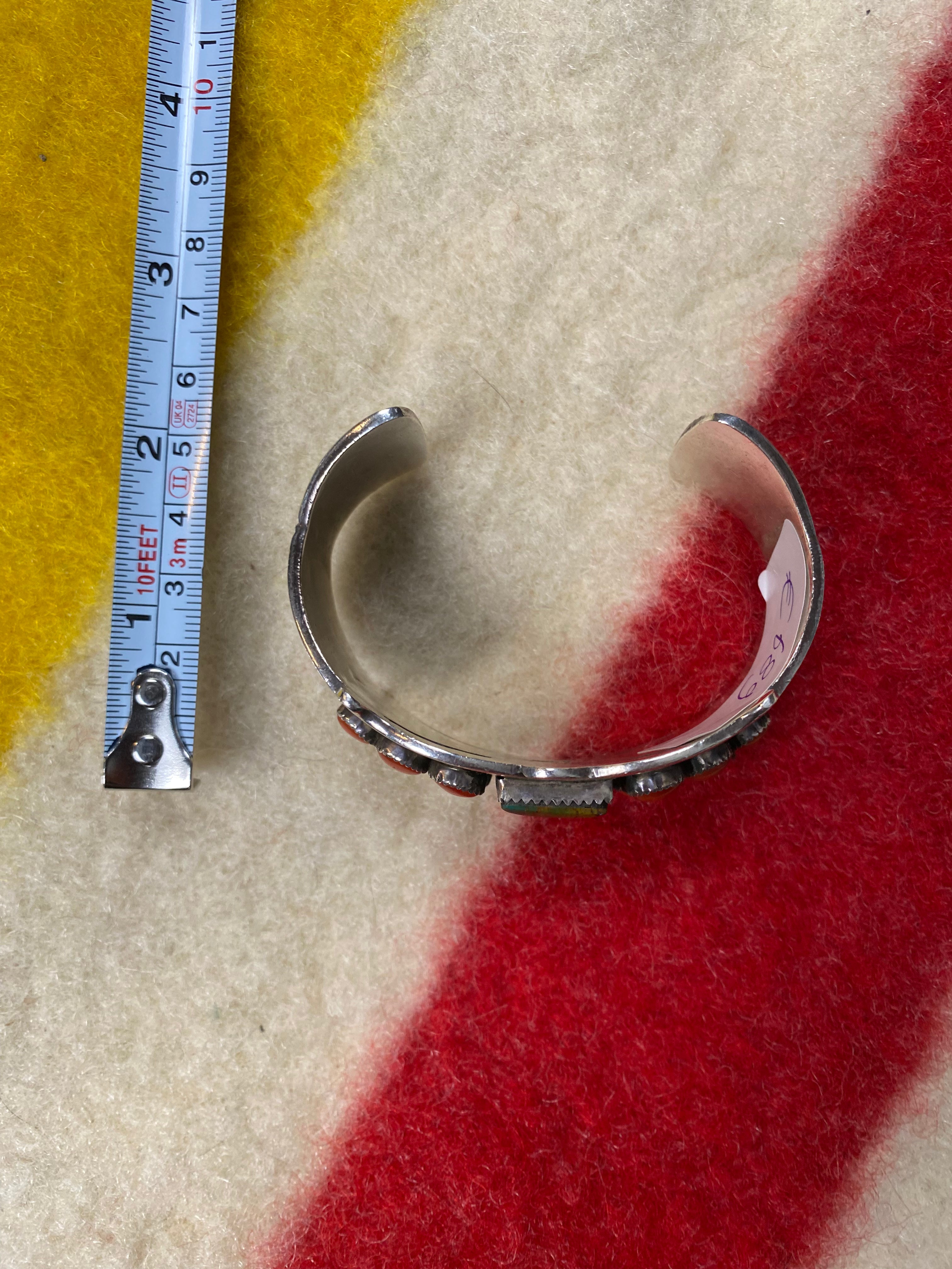 Rick Martinez Sterling Silver Navajo Cuff With Royston Turquoise & Coral Stones