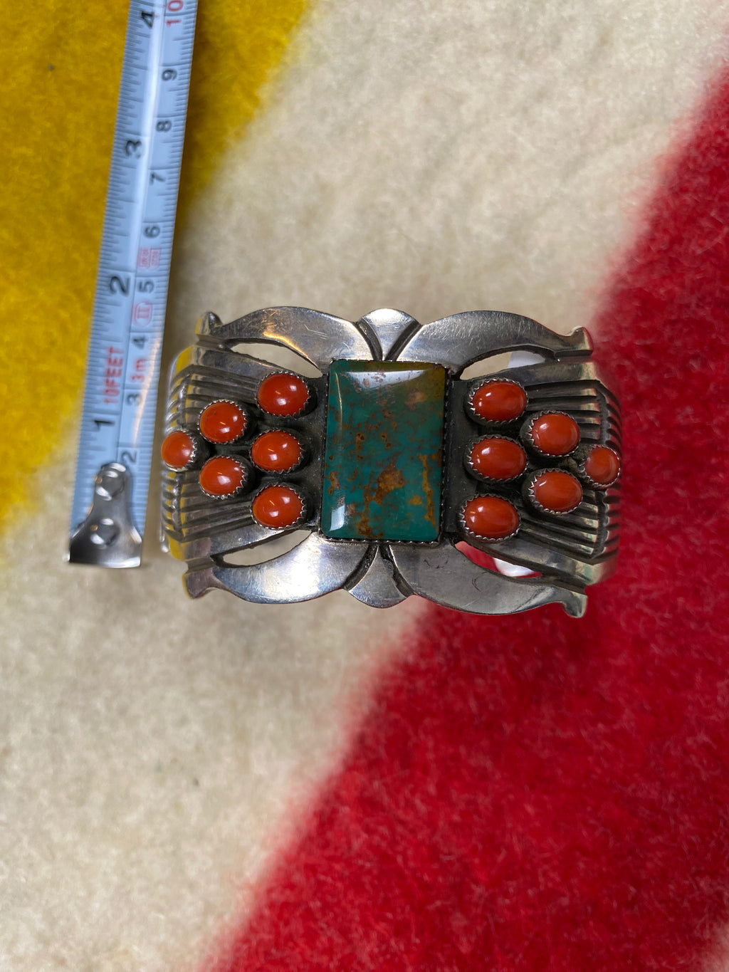 Rick Martinez Sterling Silver Navajo Cuff With Royston Turquoise & Coral Stones