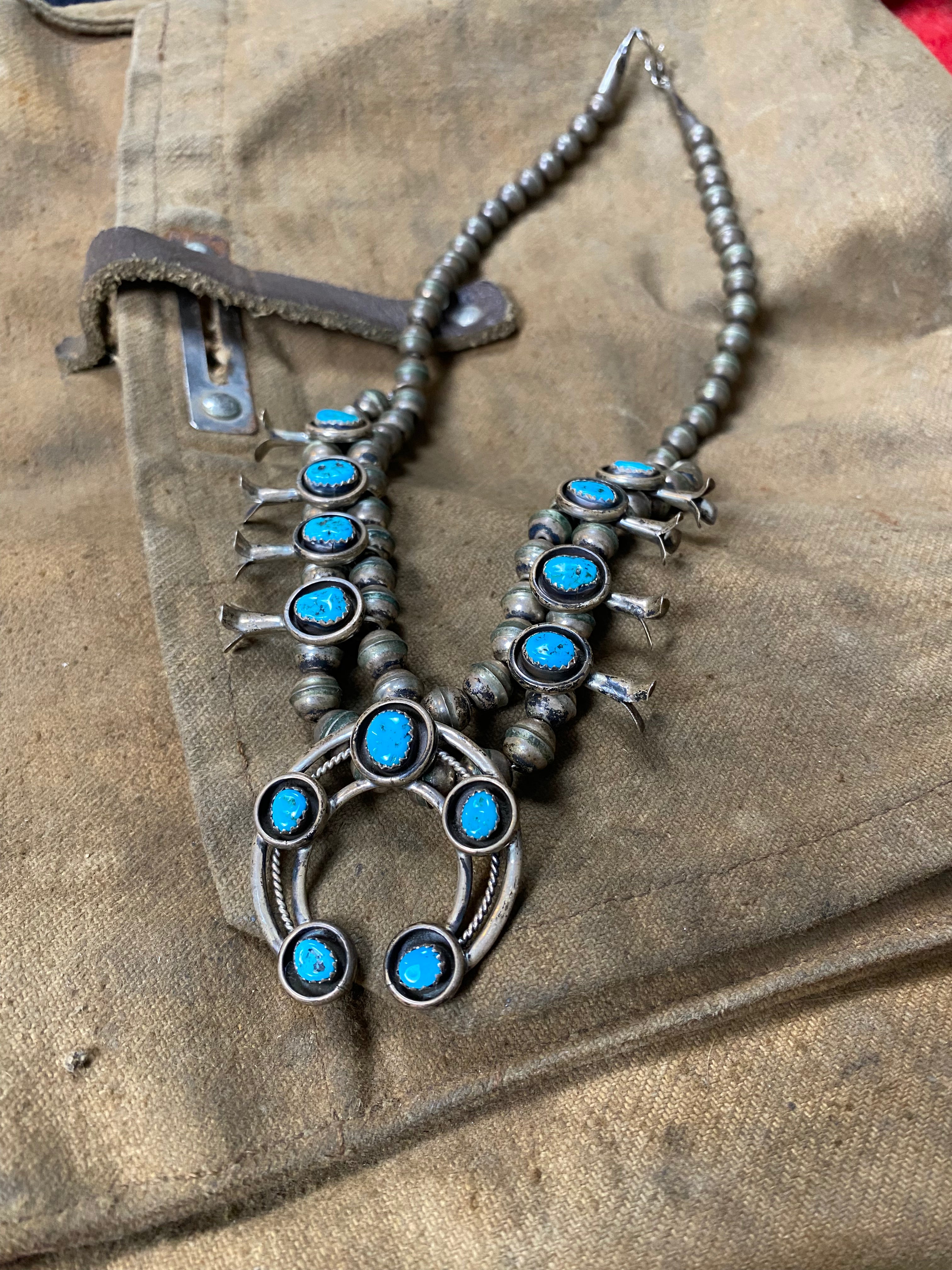 Squash Blossom Naja Navajo Necklace - Sterling Silver & Kingman Turquoise