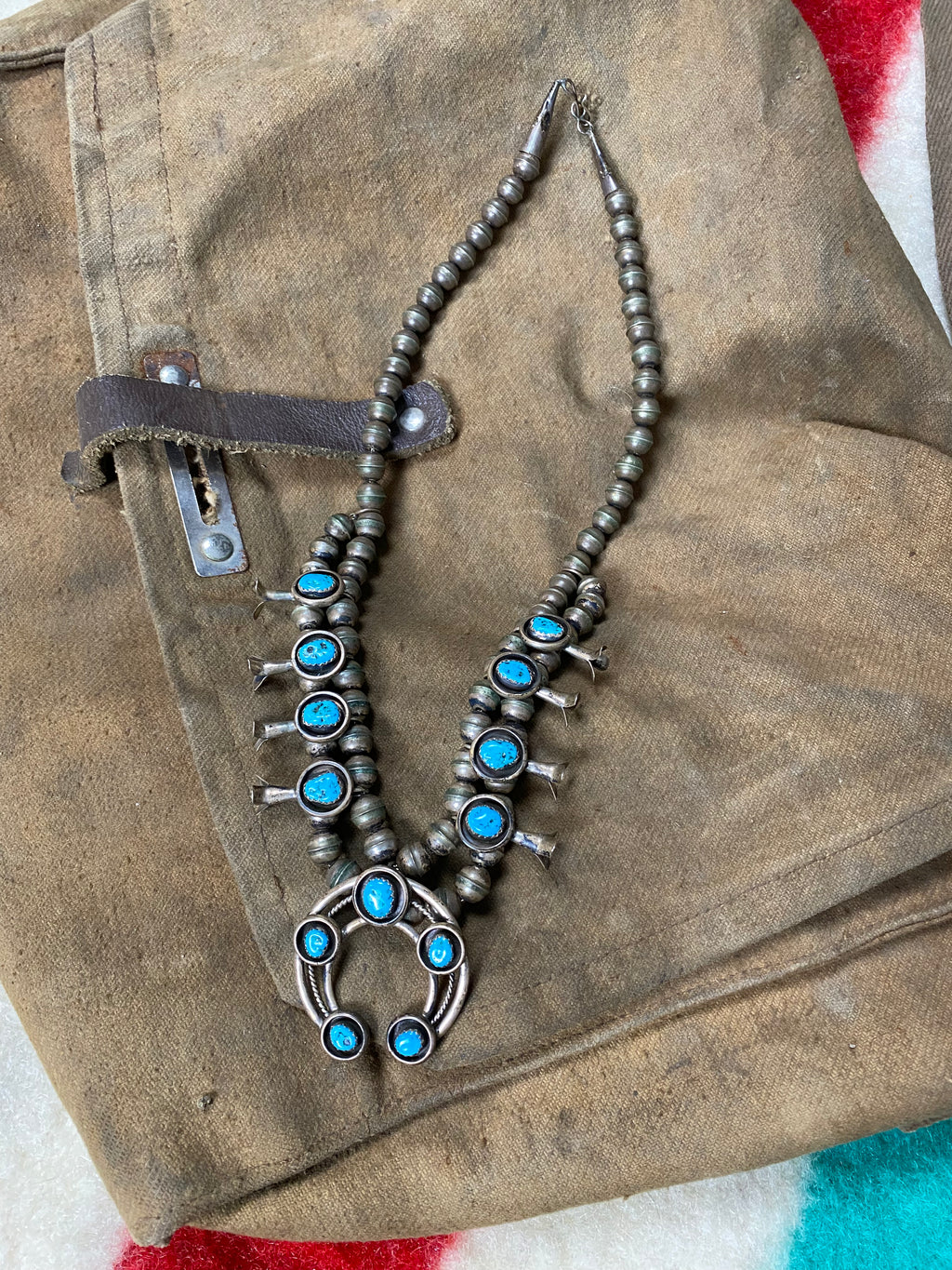 Squash Blossom Naja Navajo Necklace - Sterling Silver & Kingman Turquoise