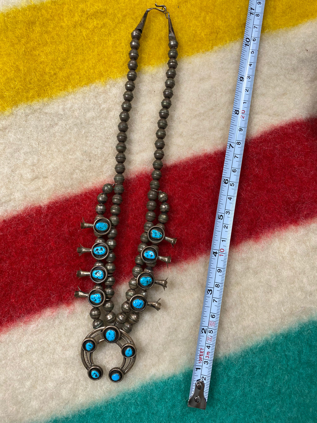 Squash Blossom Naja Navajo Necklace - Sterling Silver & Kingman Turquoise