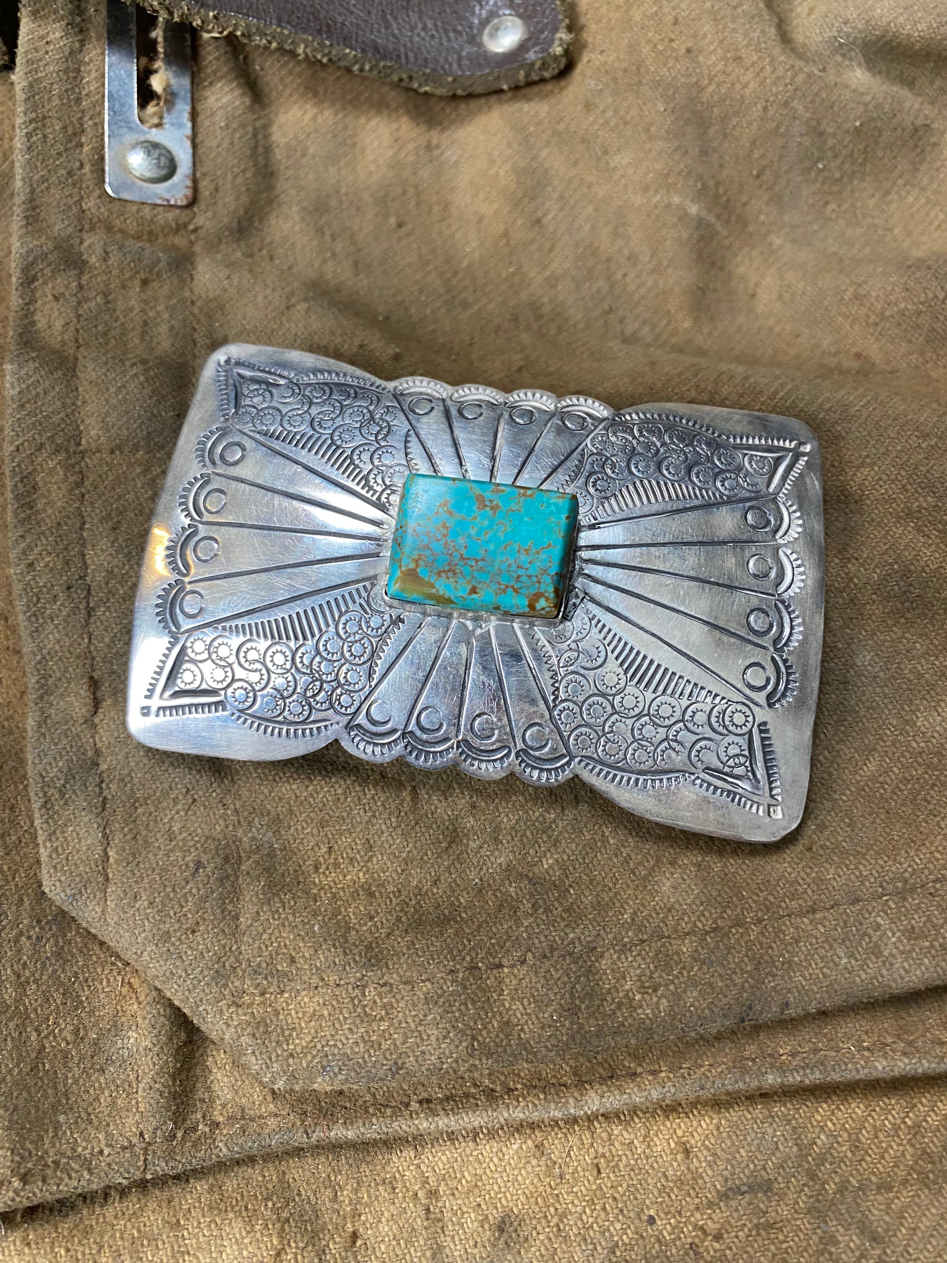 Sterling Silver Navajo Concho Belt Buckle With Turquoise Stone