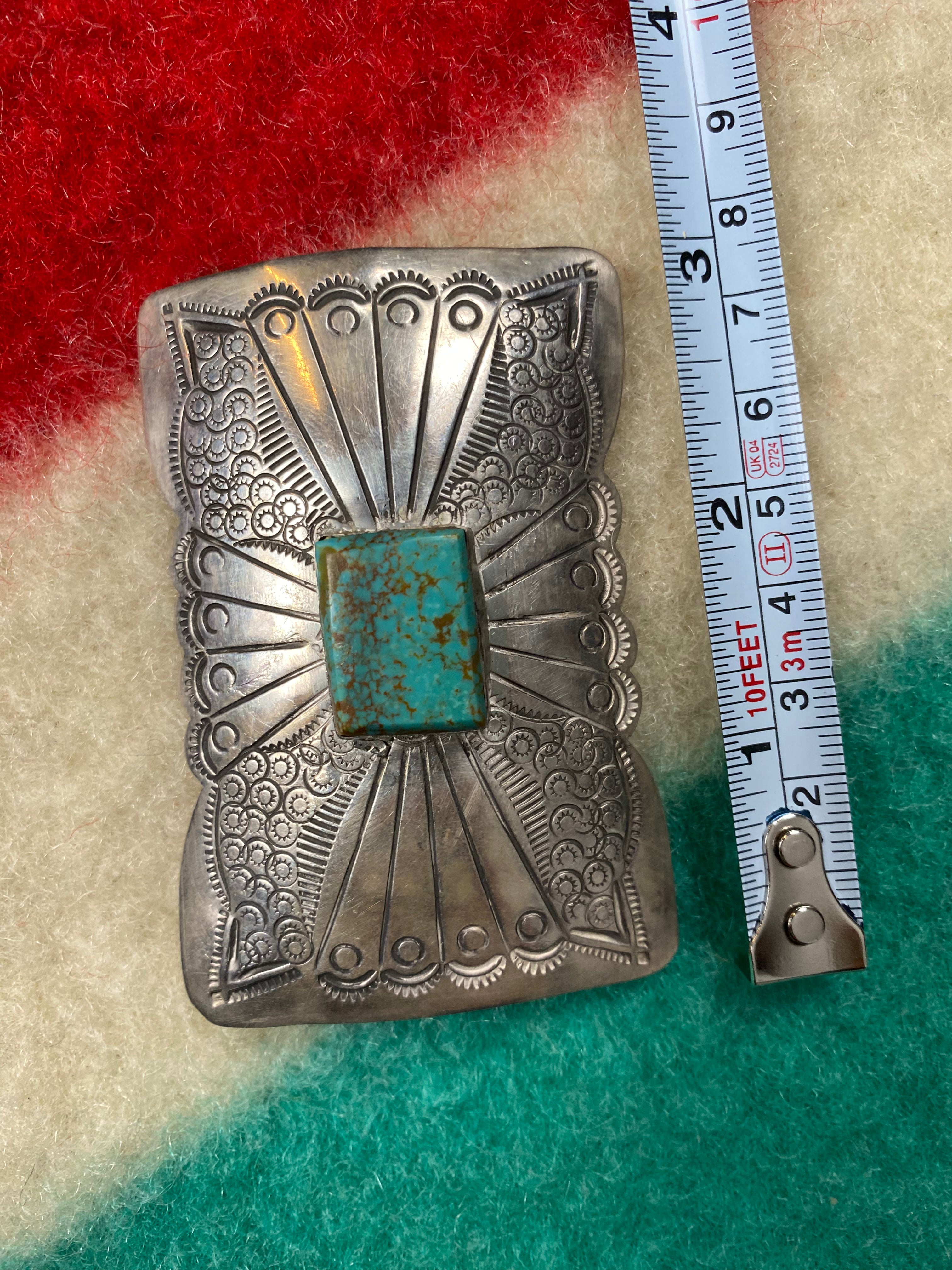 Sterling Silver Navajo Concho Belt Buckle With Turquoise Stone