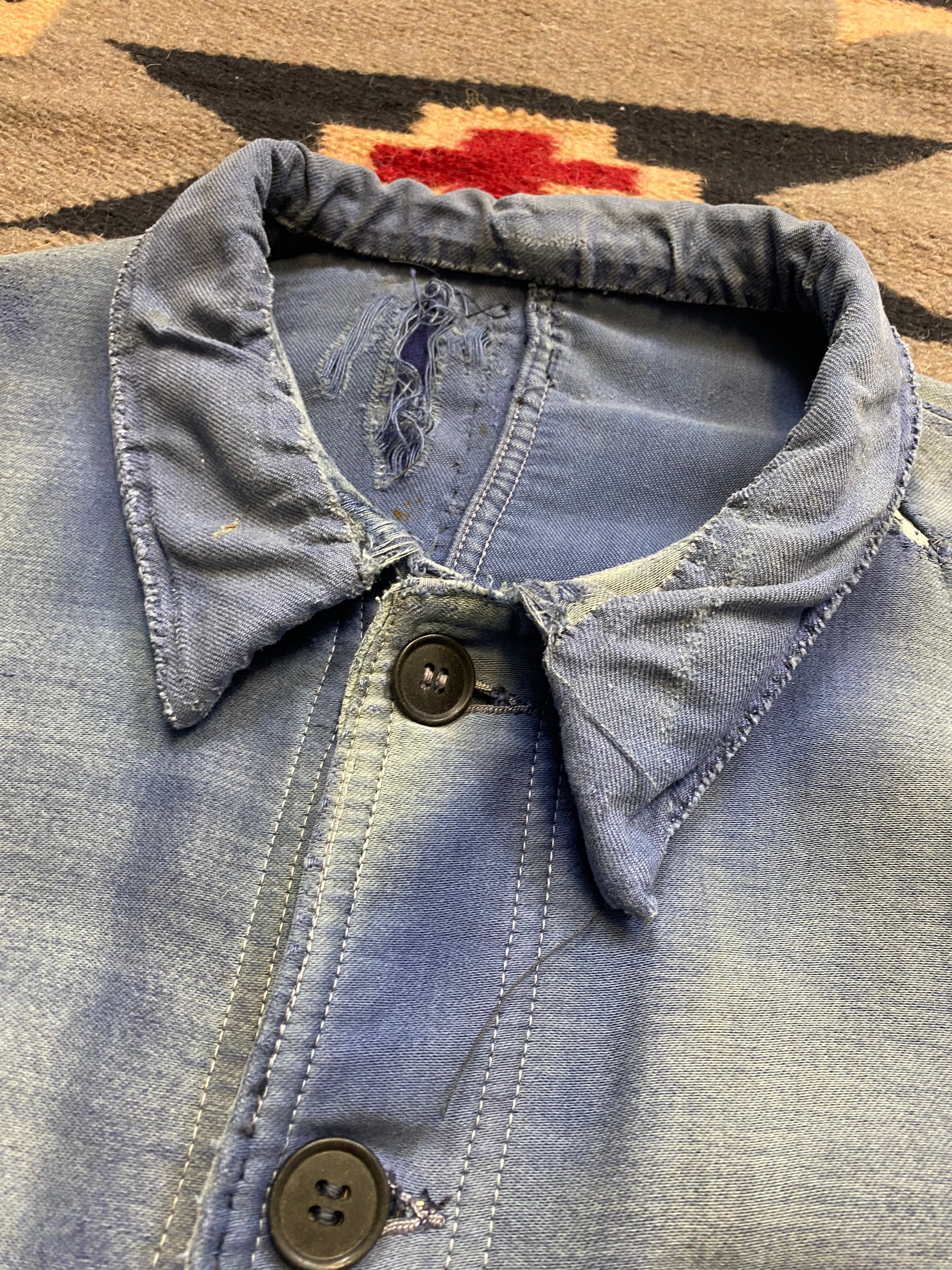 Adolphe Lafont 1930's-1950's Patched & Repaired Blue Moleskine Worker Jacket