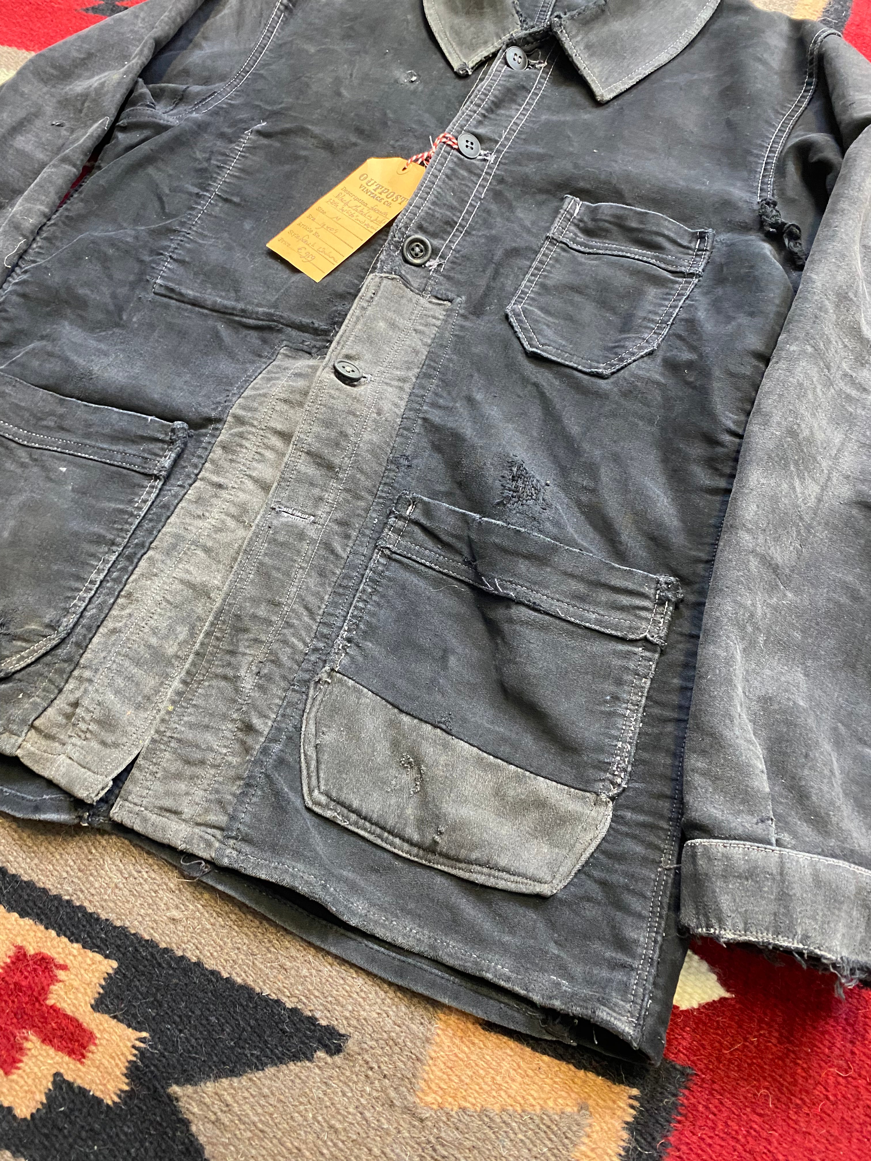 French 1940's Black Moleskine Chore Coat with Repairs
