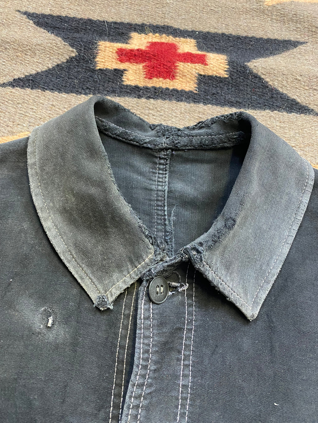 French 1940's Black Moleskine Chore Coat with Repairs