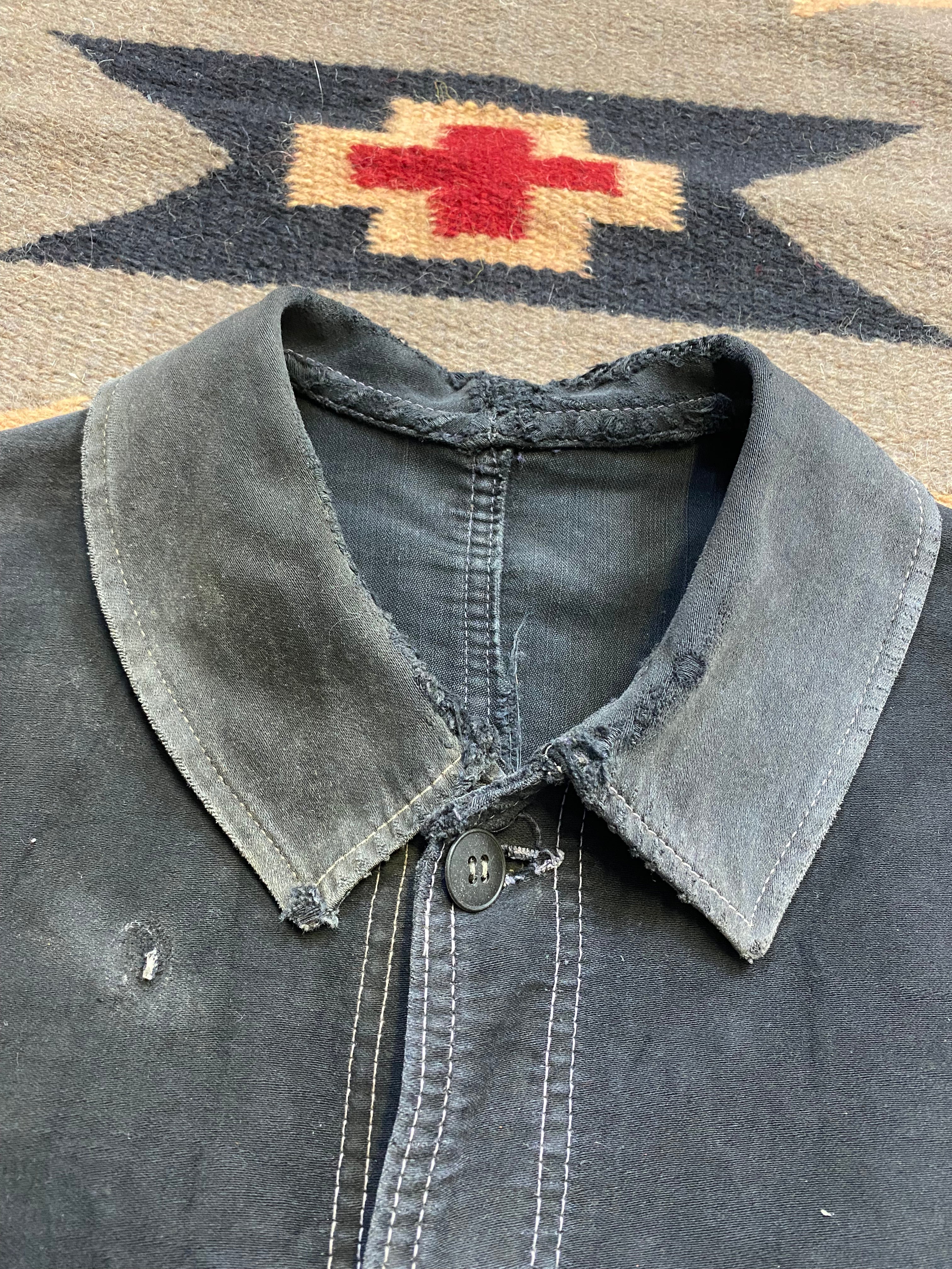 French 1940's Black Moleskine Chore Coat with Repairs