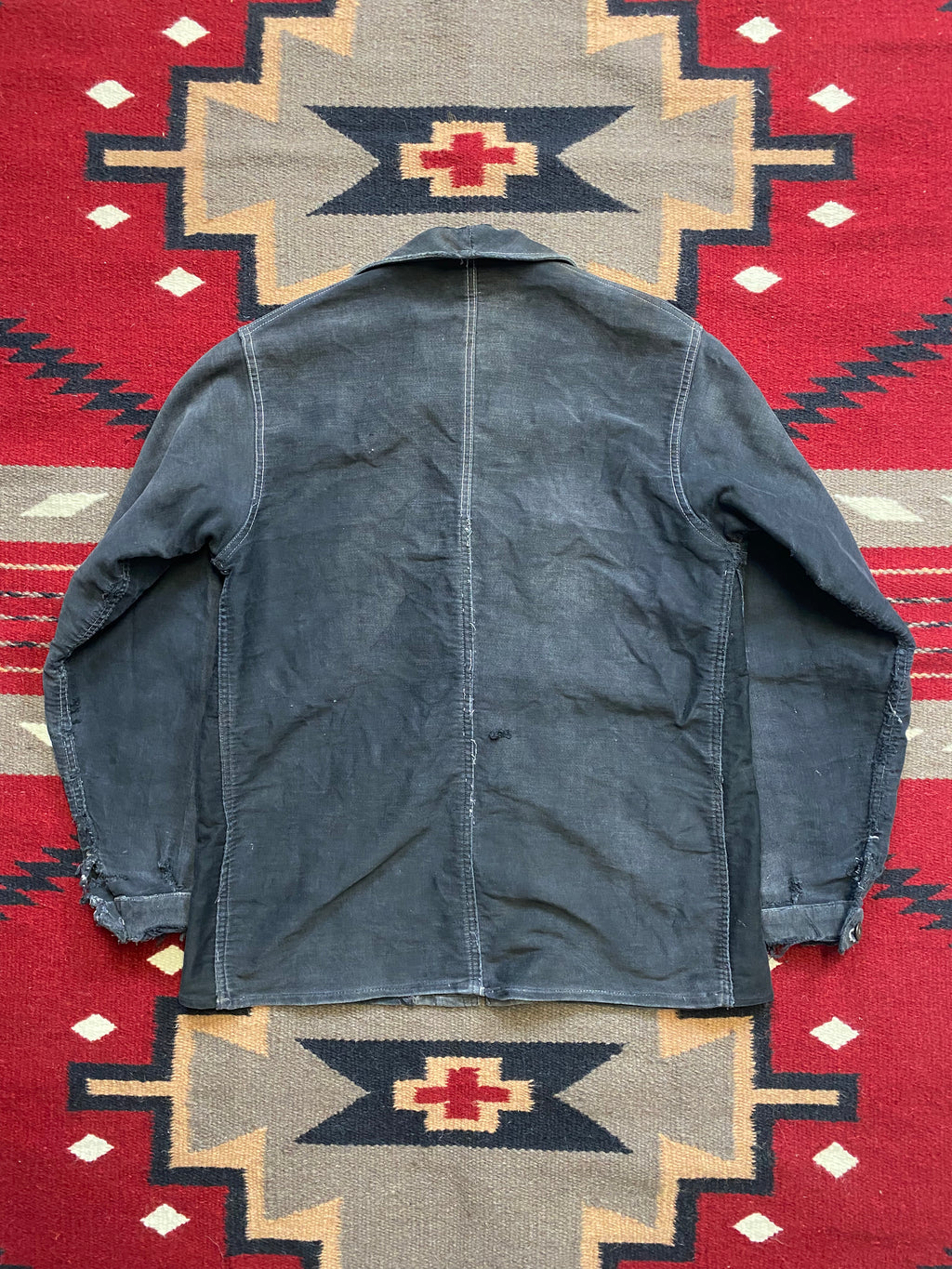 French 1940's Black Moleskine Chore Coat with Repairs