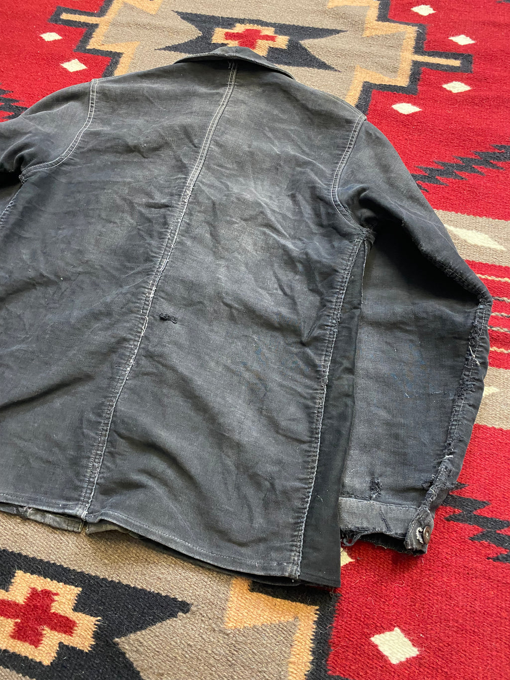 French 1940's Black Moleskine Chore Coat with Repairs