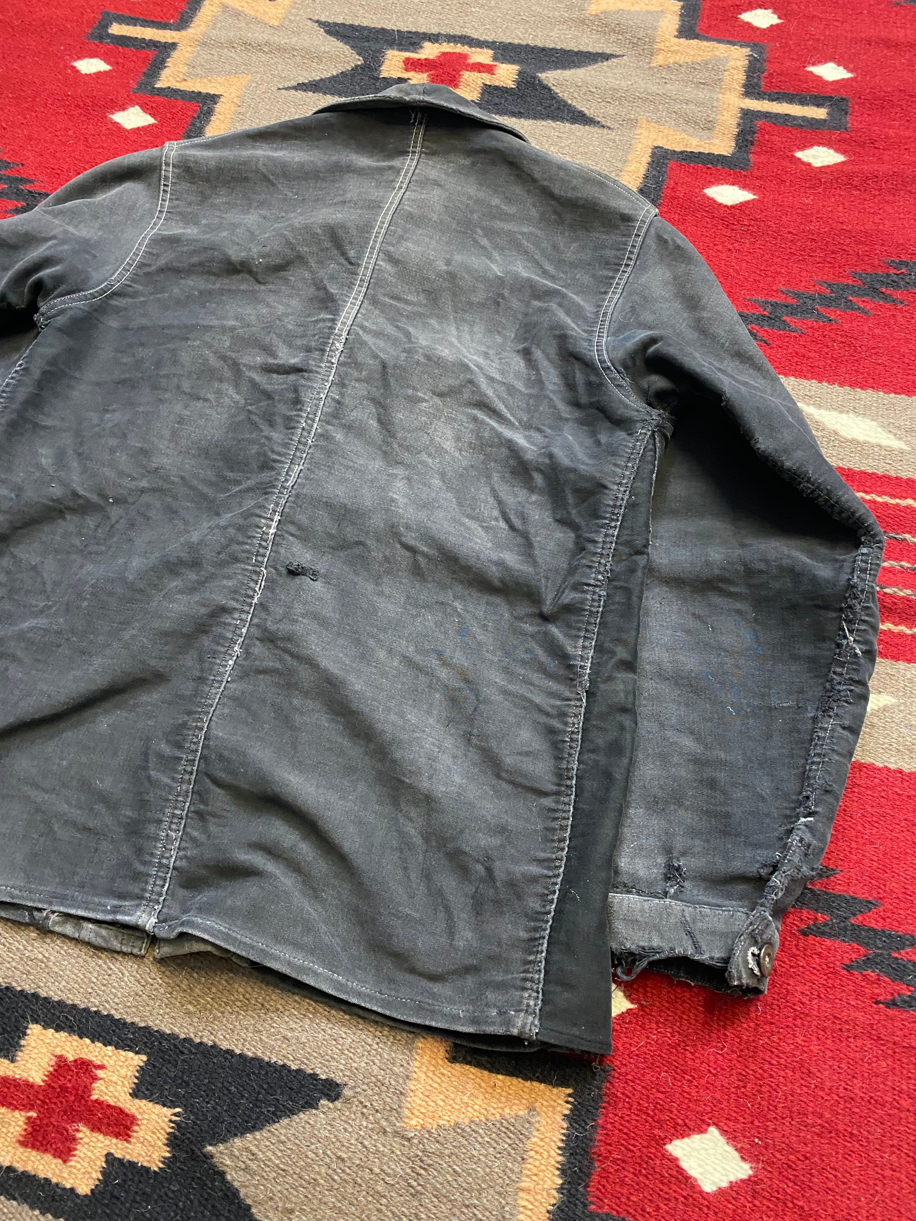 French 1940's Black Moleskine Chore Coat with Repairs