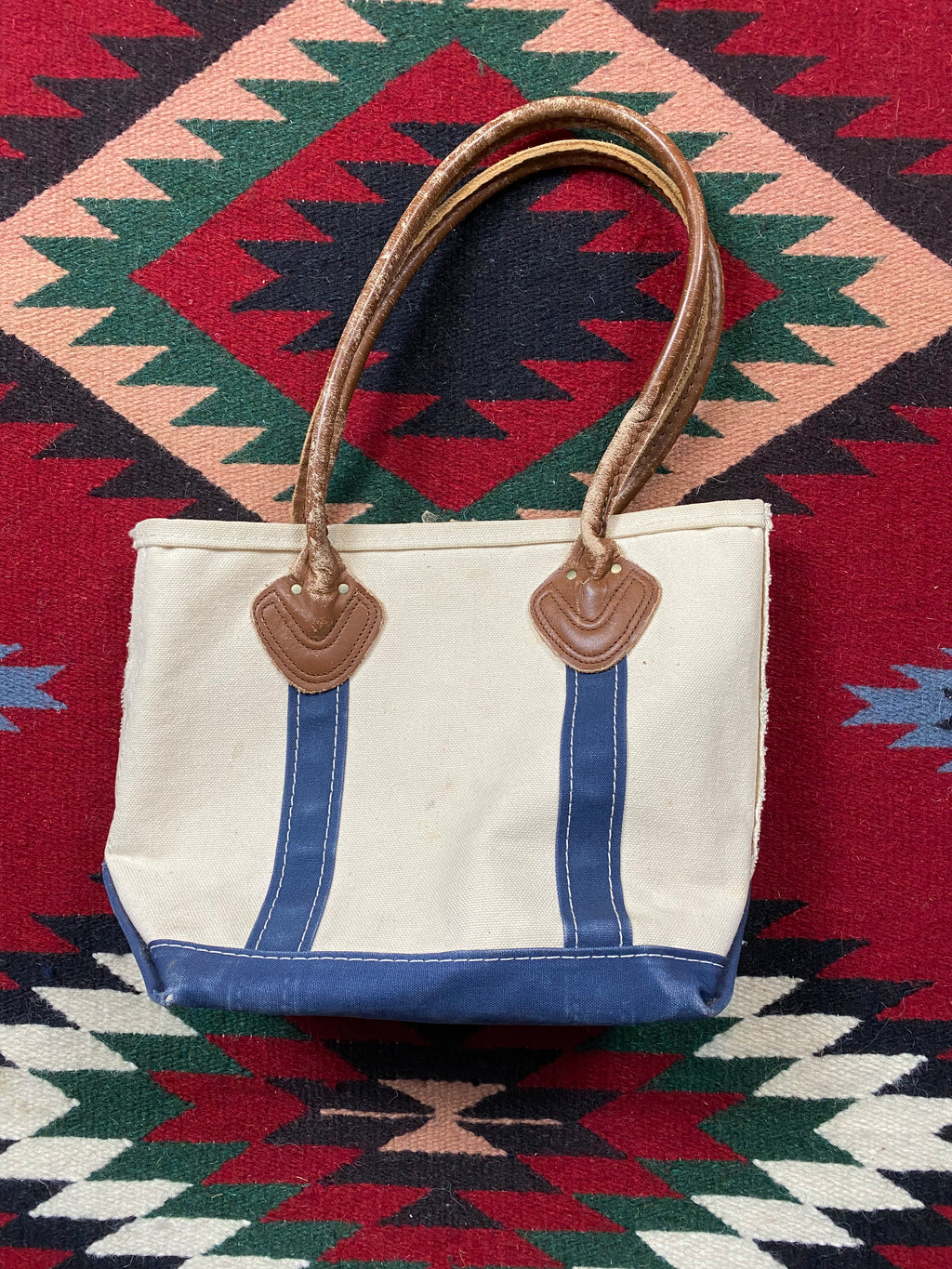 LL Bean Boat And Tote Ivory Navy Bag (Small)