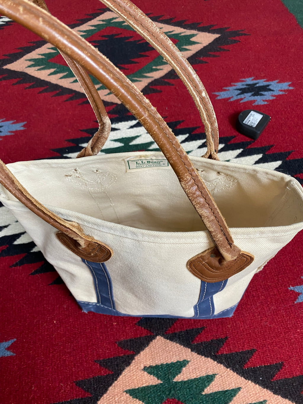 LL Bean Boat And Tote Ivory Navy Bag (Small)