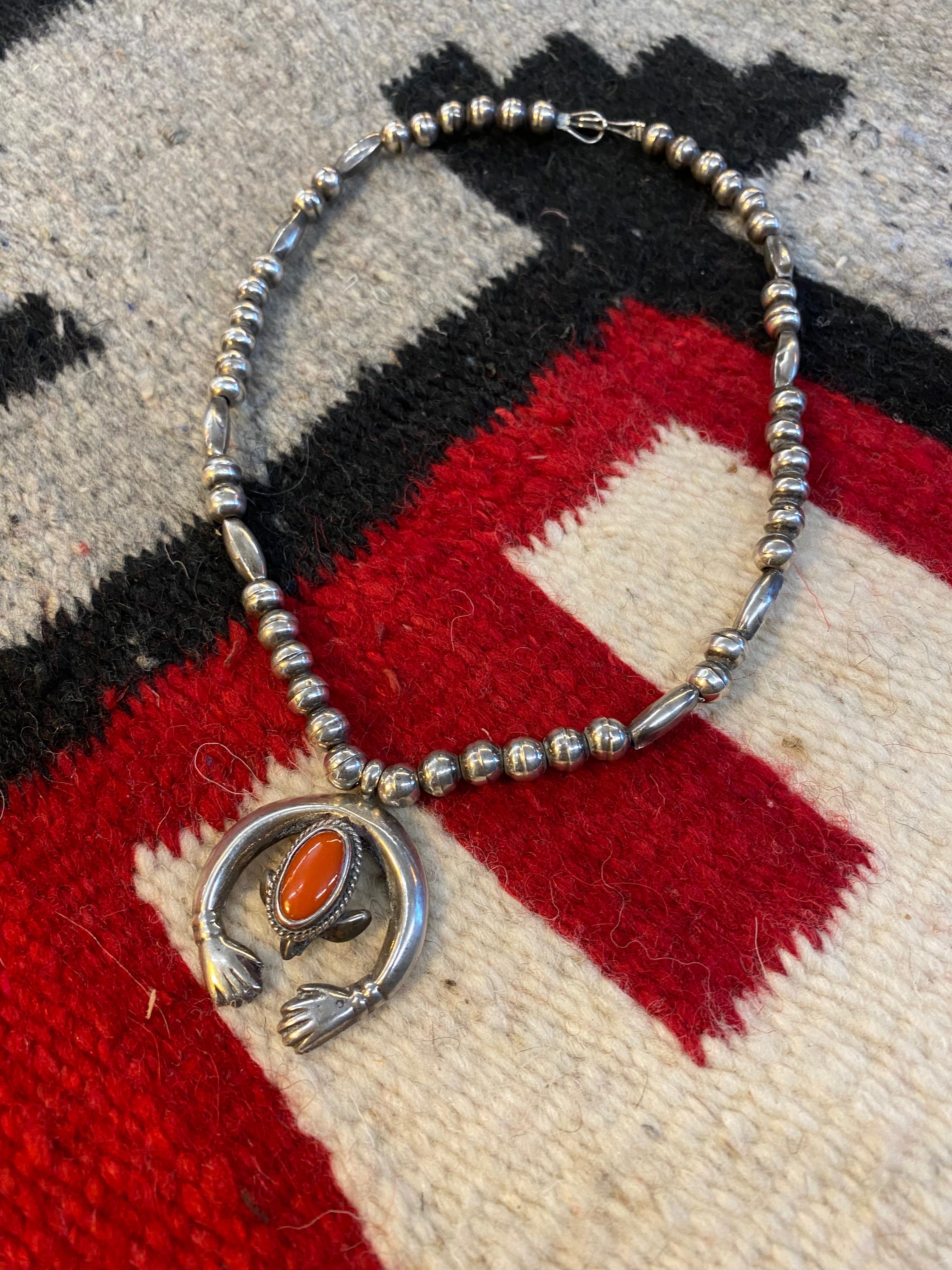 Navajo Sterling Silver Naja Necklace With Coral Inlay