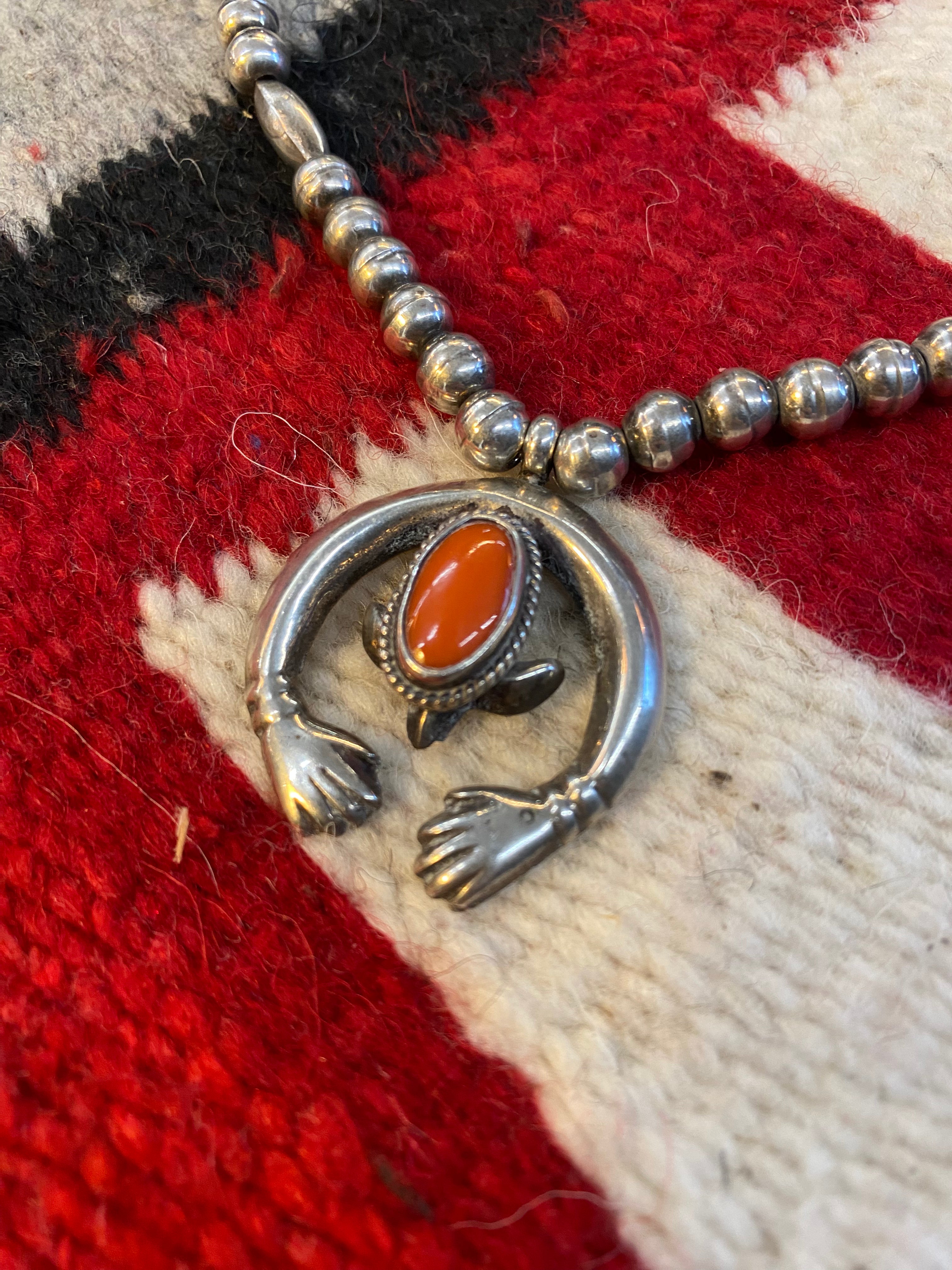 Navajo Sterling Silver Naja Necklace With Coral Inlay