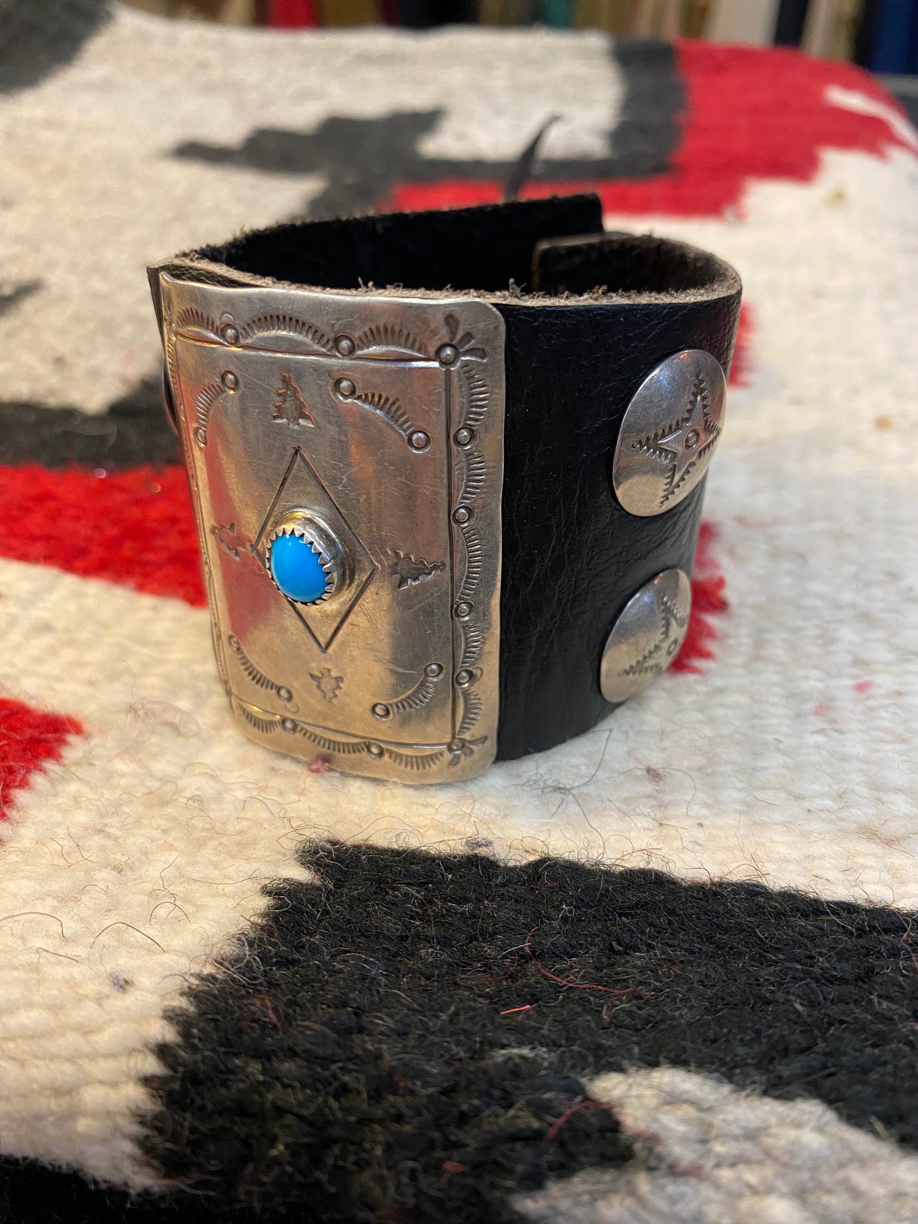 Navajo Sterling Silver & Leather Ketoh Cuff With Turqouise Inlay