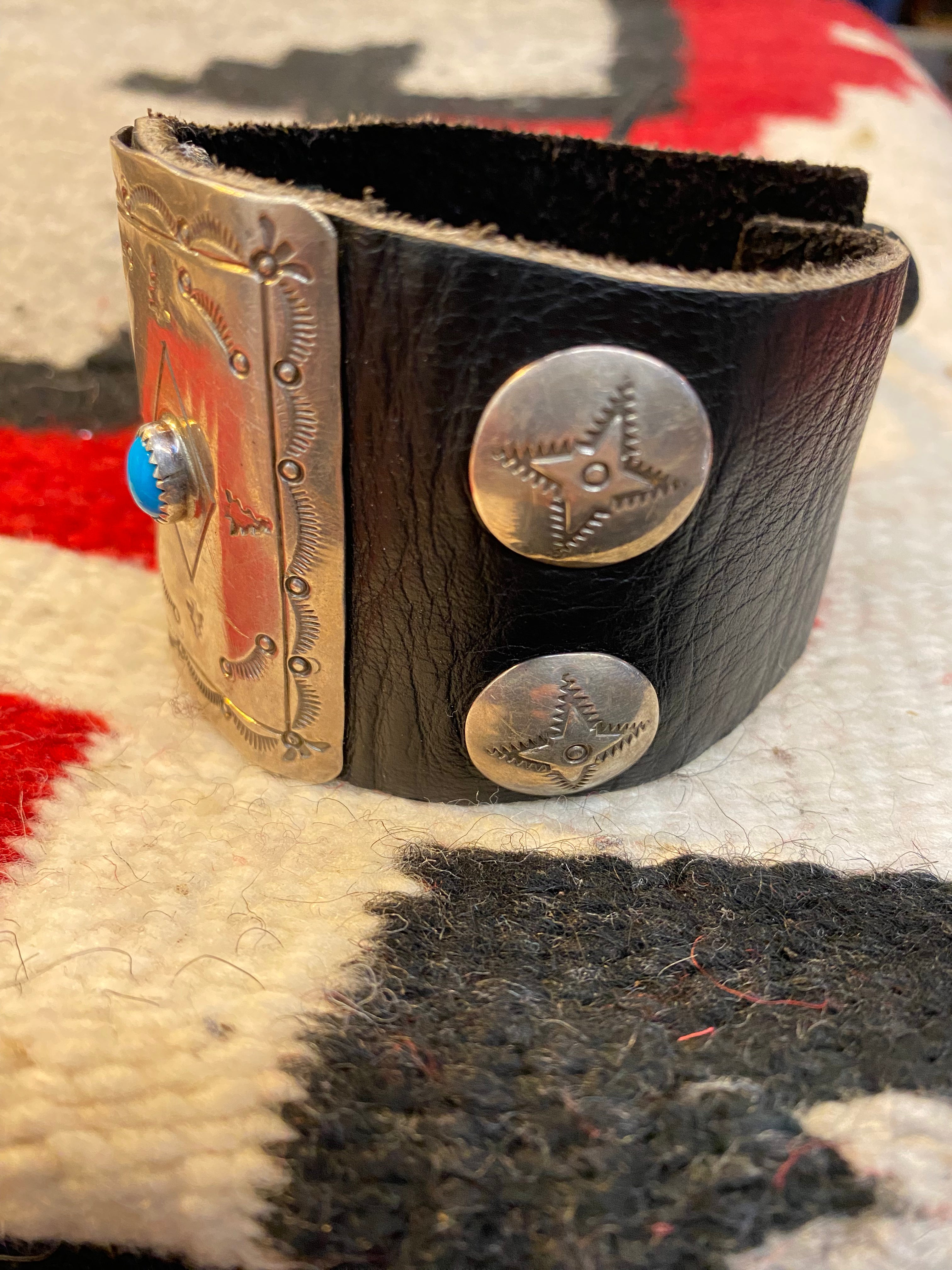 Navajo Sterling Silver & Leather Ketoh Cuff With Turqouise Inlay
