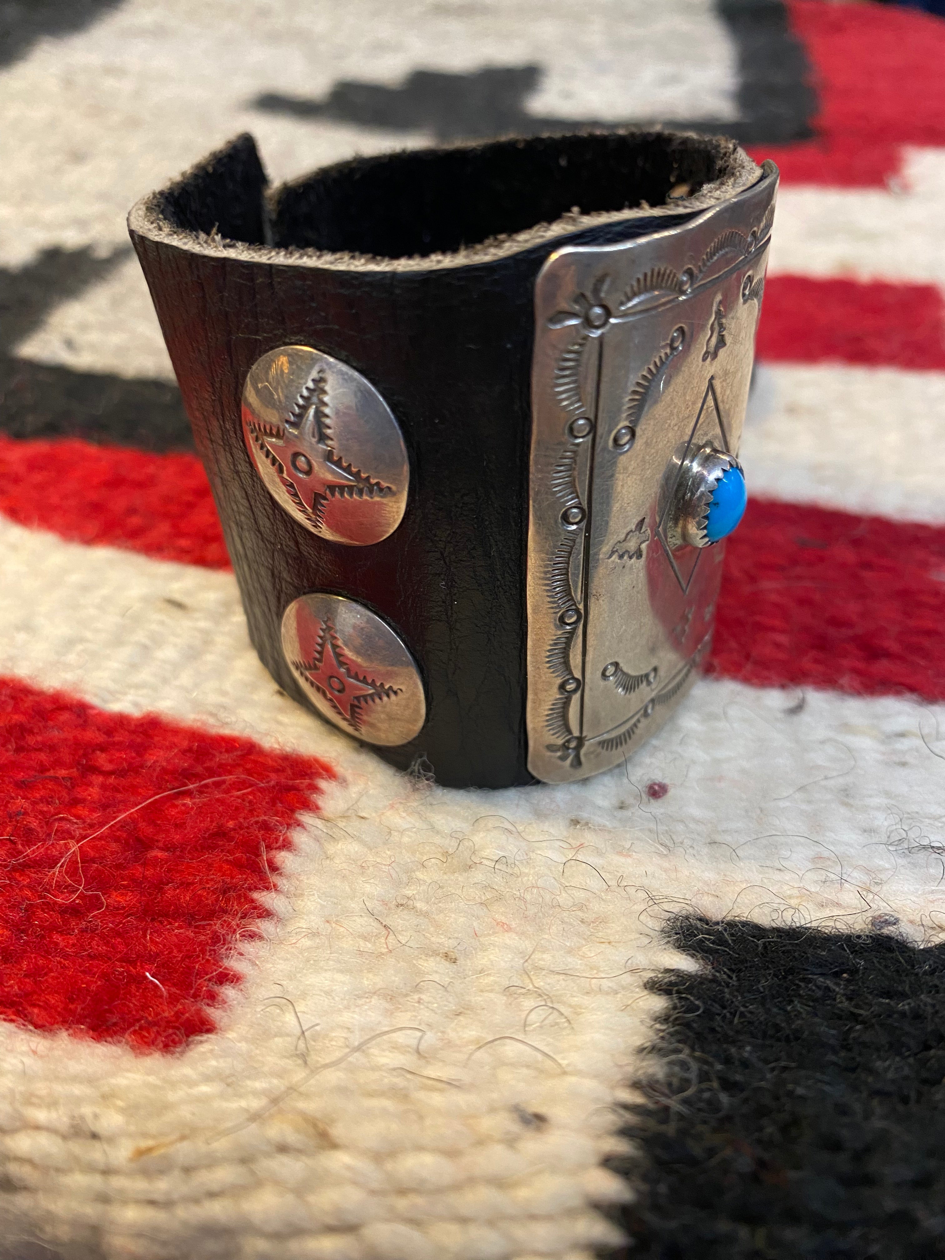 Navajo Sterling Silver & Leather Ketoh Cuff With Turqouise Inlay
