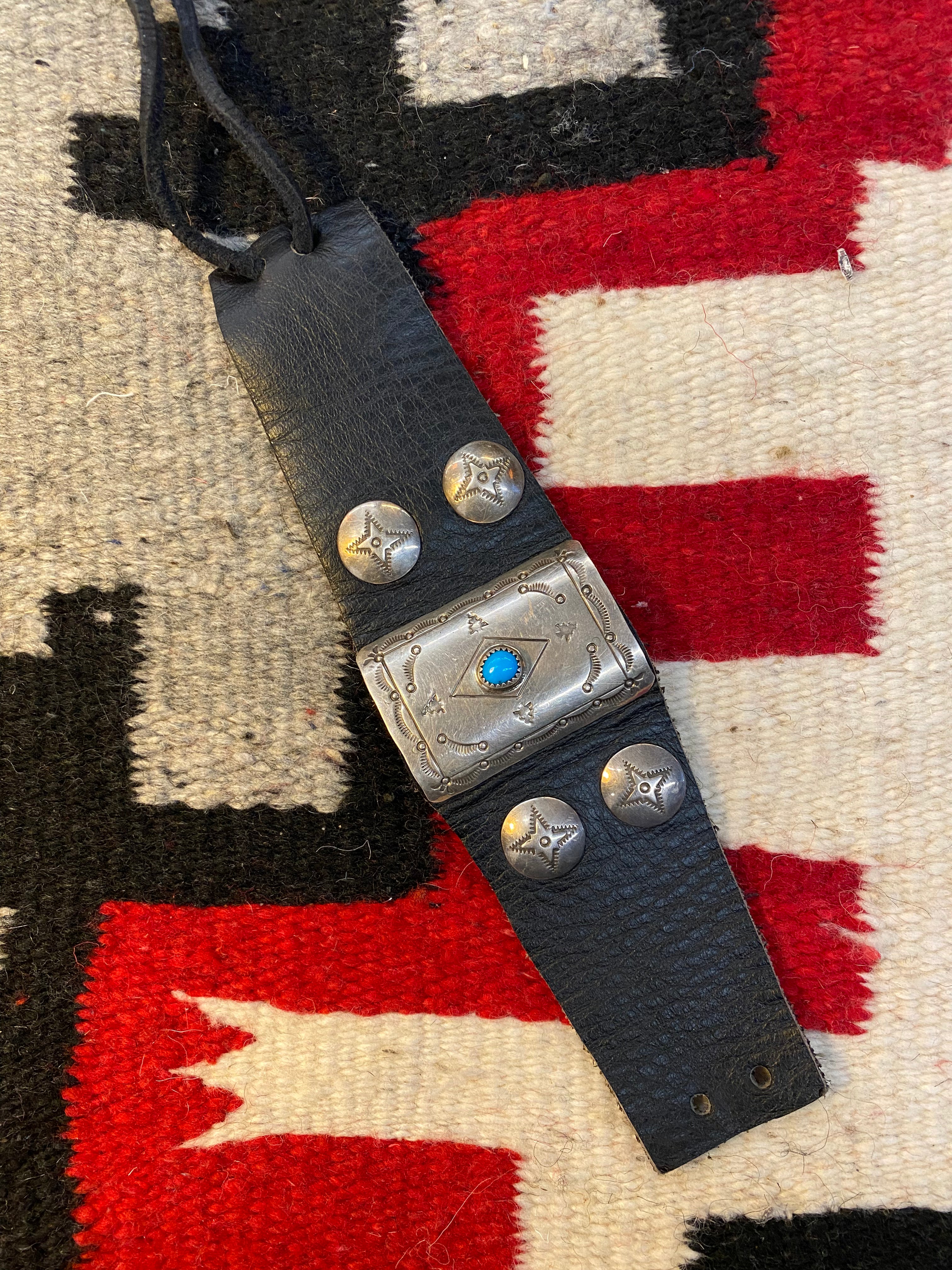Navajo Sterling Silver & Leather Ketoh Cuff With Turqouise Inlay