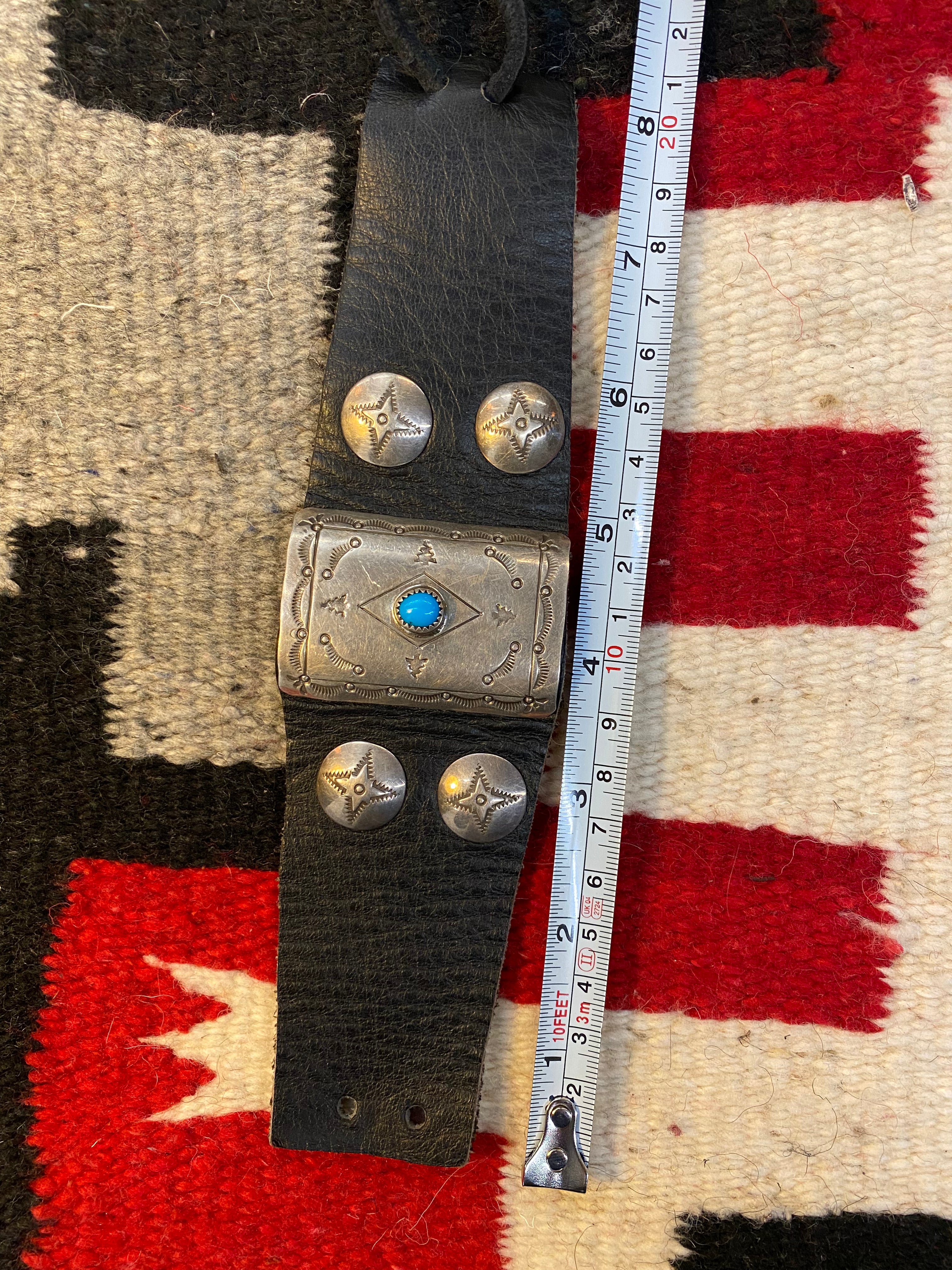 Navajo Sterling Silver & Leather Ketoh Cuff With Turqouise Inlay
