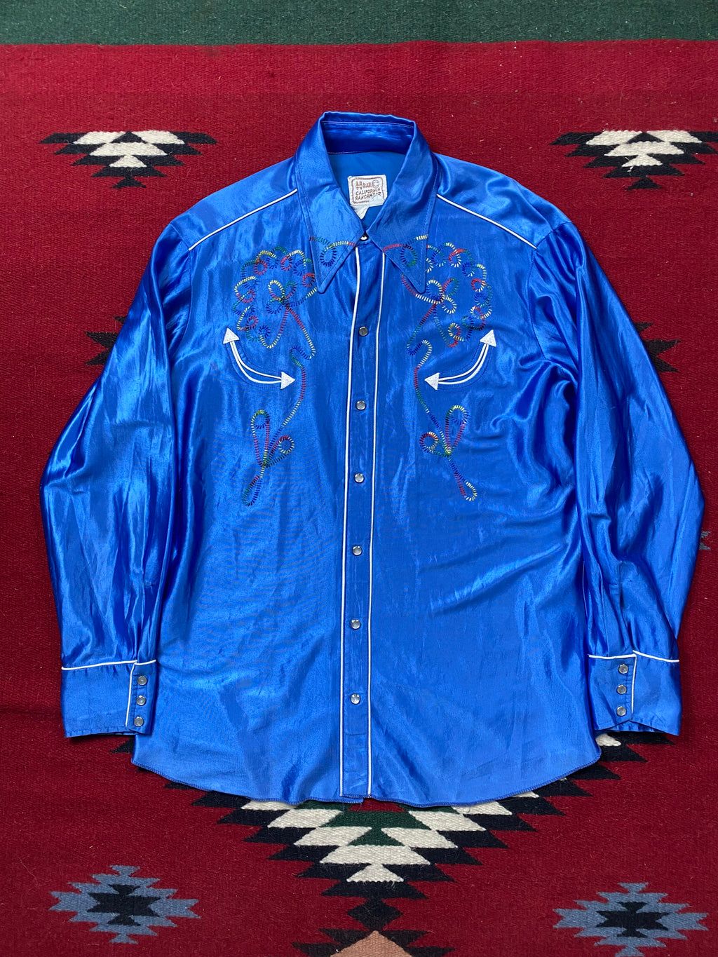 H Bar C California Ranchwear 1960's Blue Satin Embroidered Western Shirt