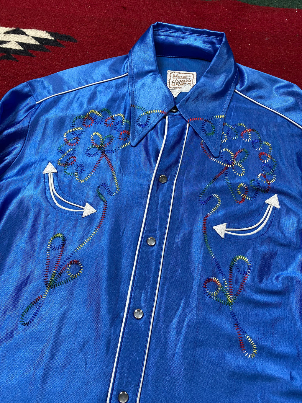 H Bar C California Ranchwear 1960's Blue Satin Embroidered Western Shirt