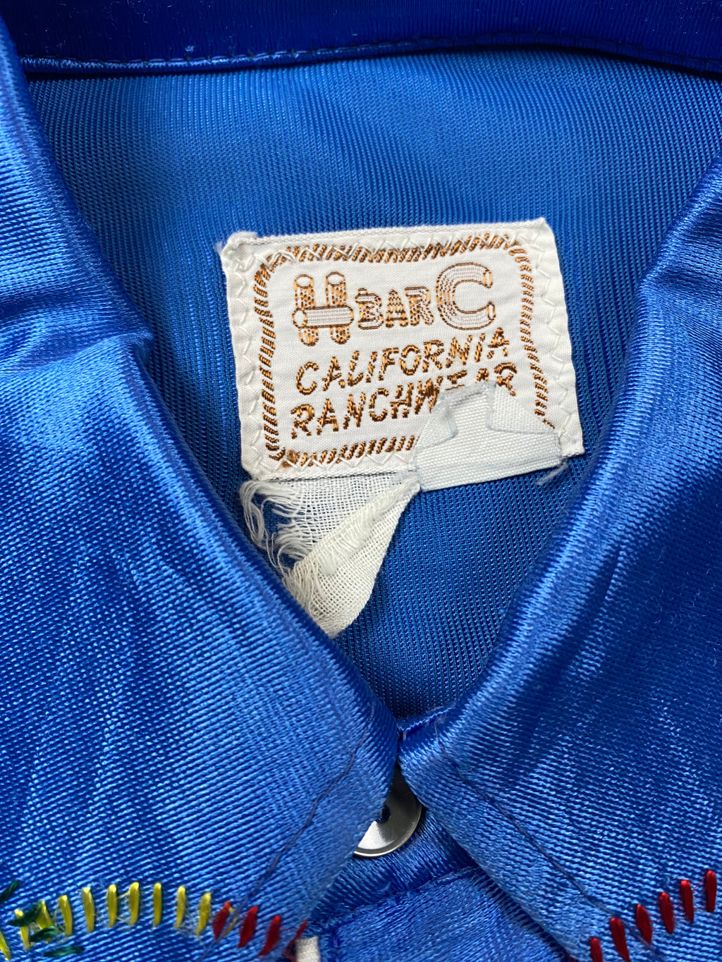 H Bar C California Ranchwear 1960's Blue Satin Embroidered Western Shirt