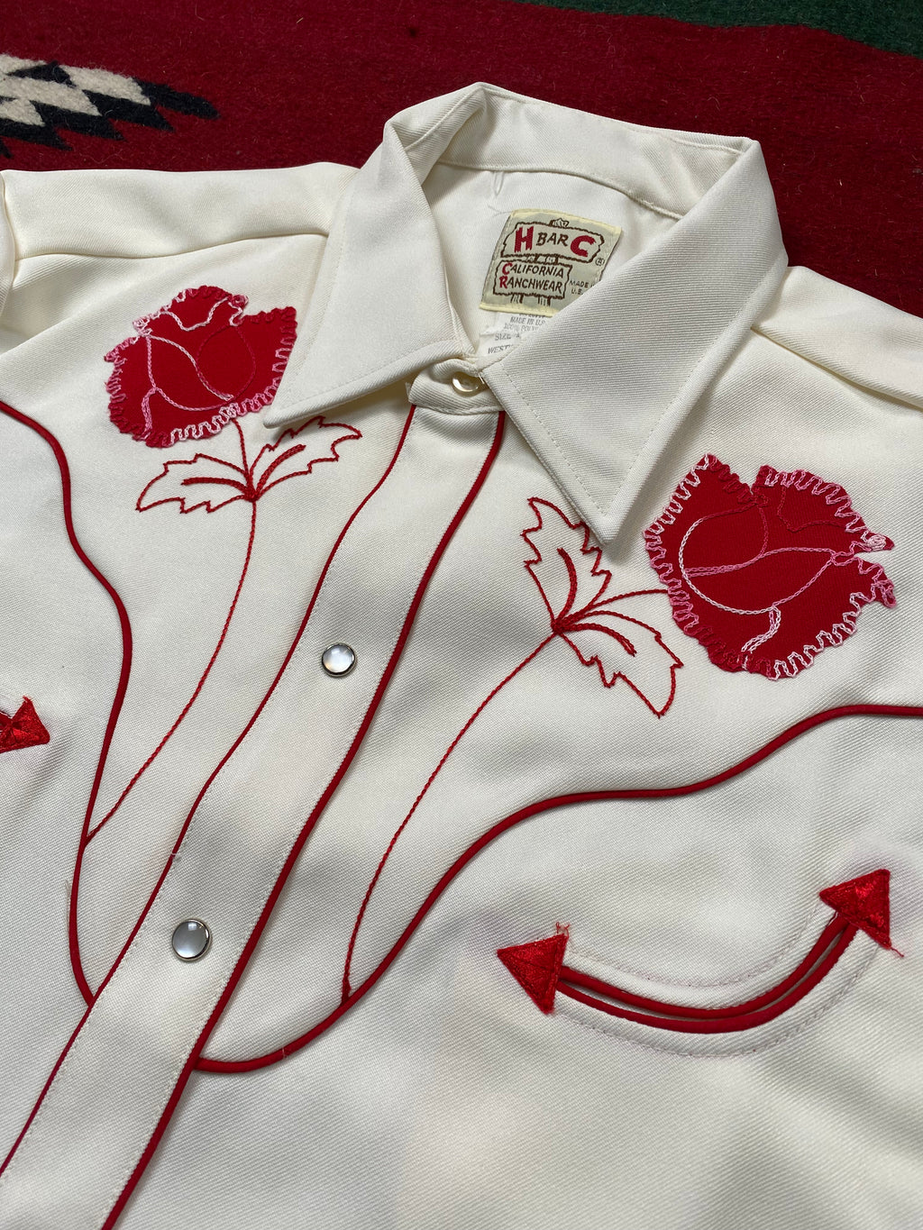 H Bar C California Ranchwear 1970's White and Red Roses Western Shirt