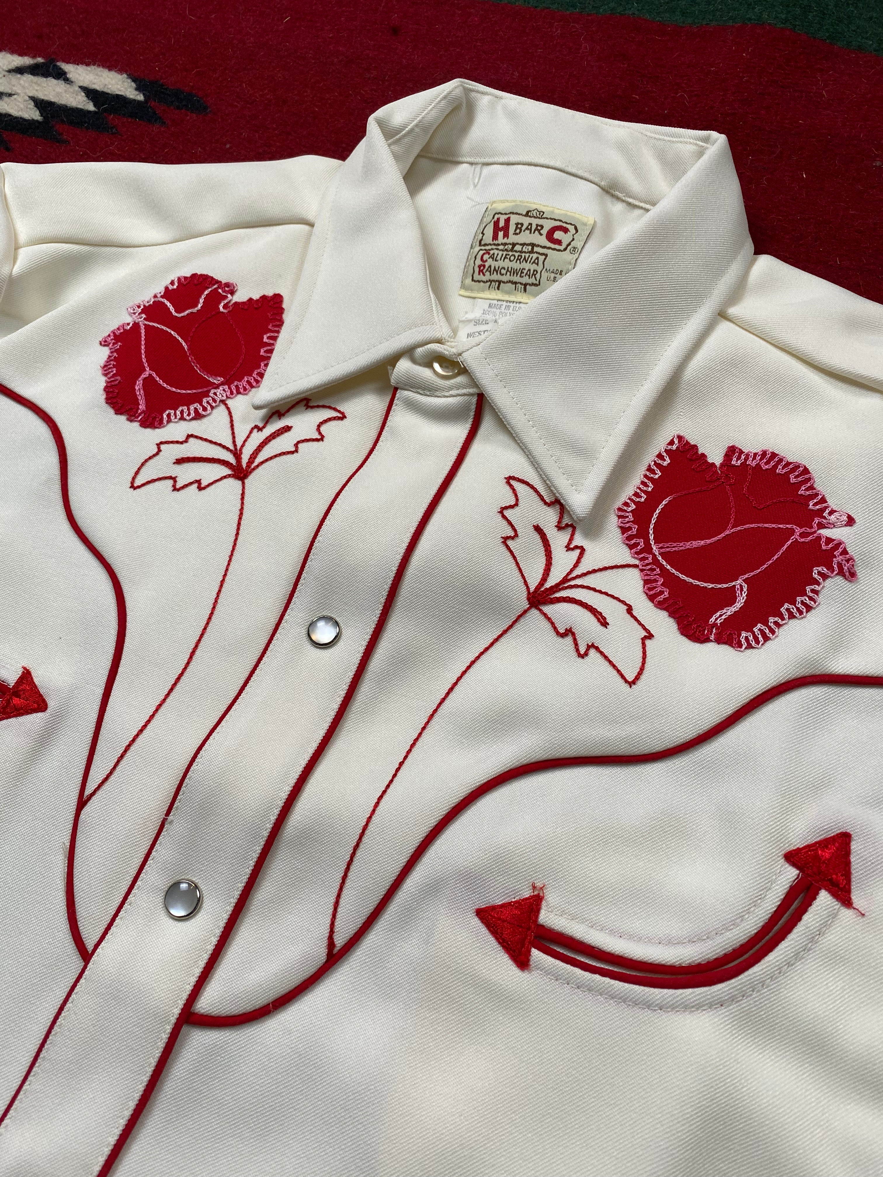 H Bar C California Ranchwear 1970's White and Red Roses Western Shirt