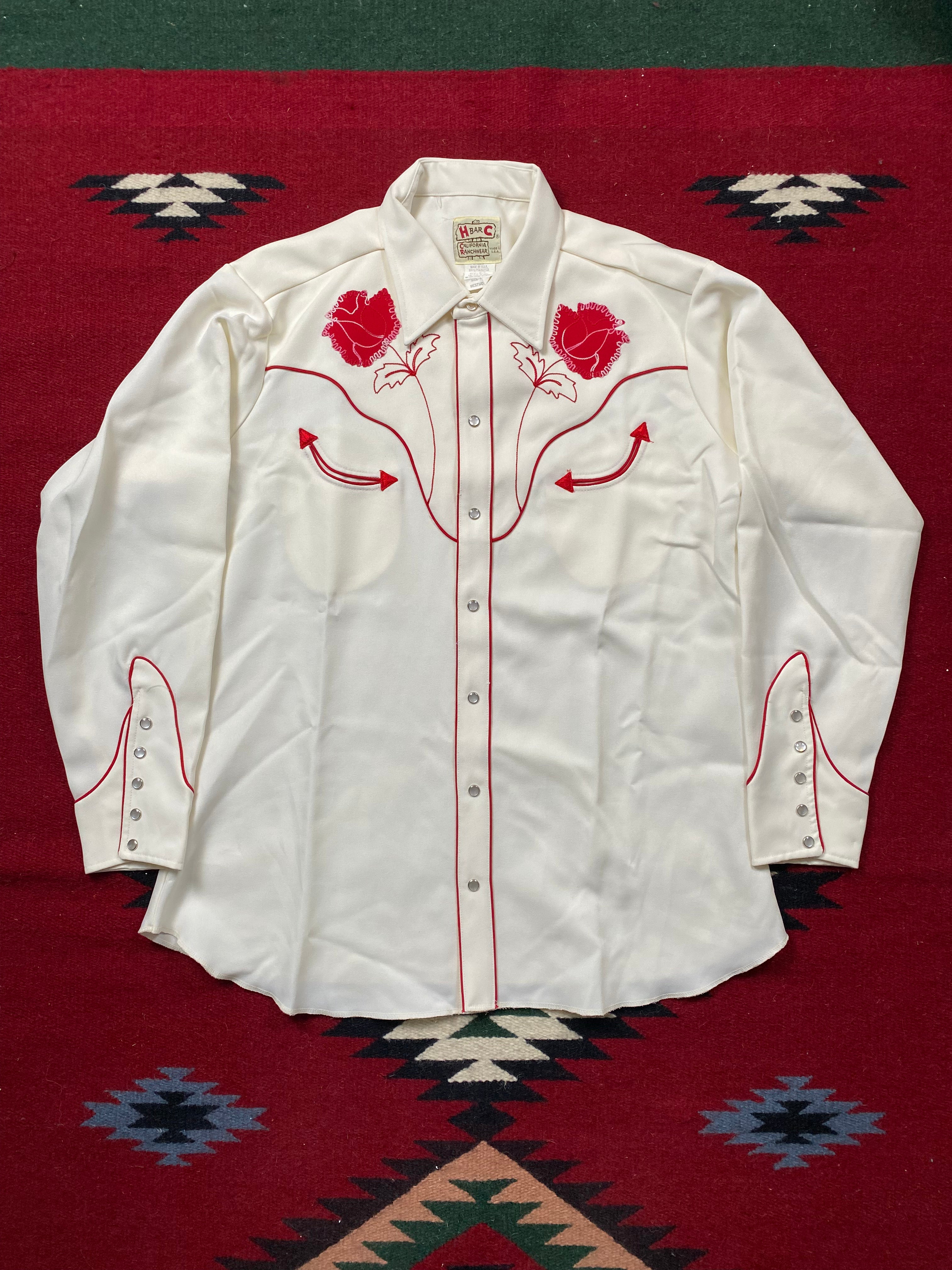 H Bar C California Ranchwear 1970's White and Red Roses Western Shirt