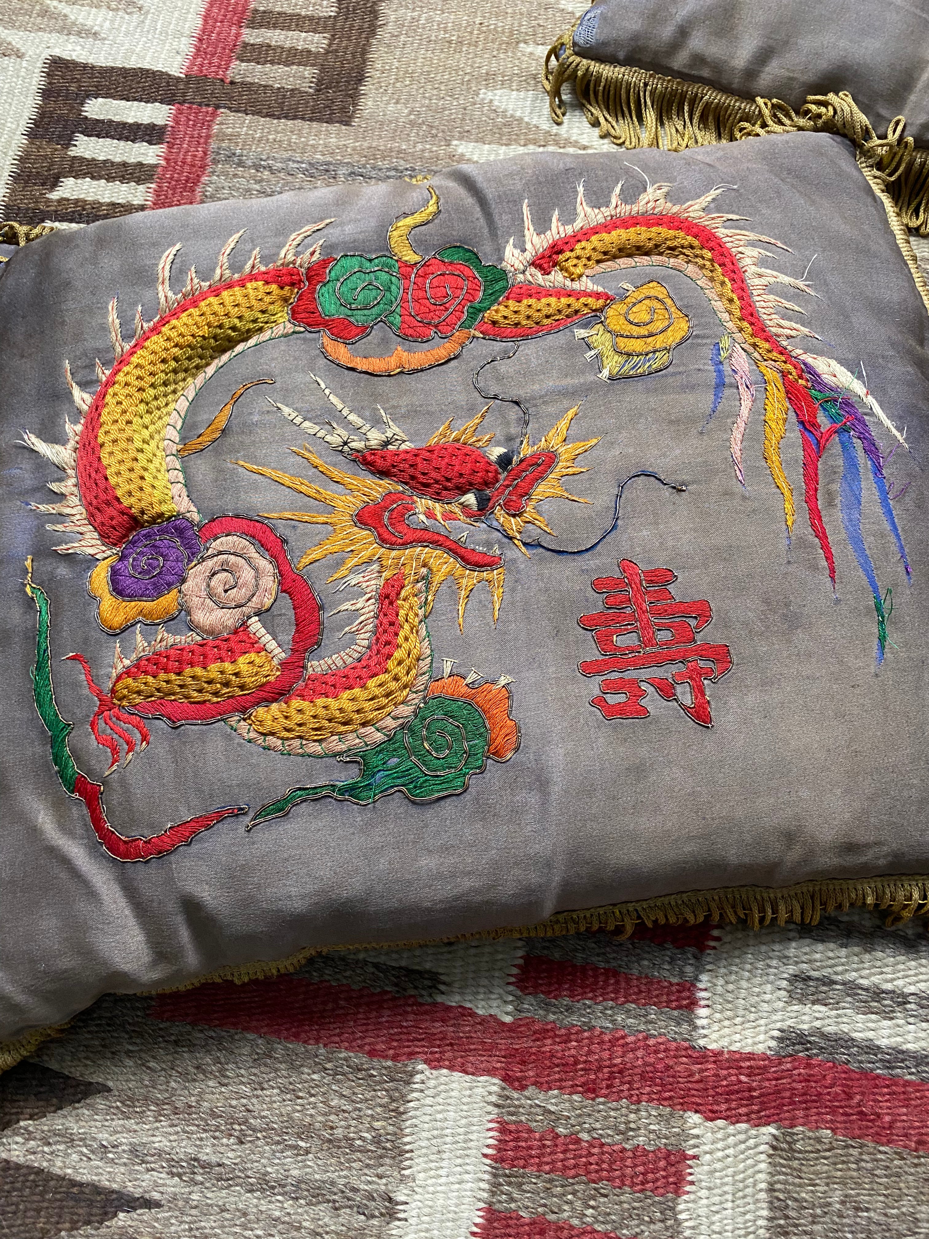 Chinese 1950's Silk Hand Embroidered Souvenir Pillows