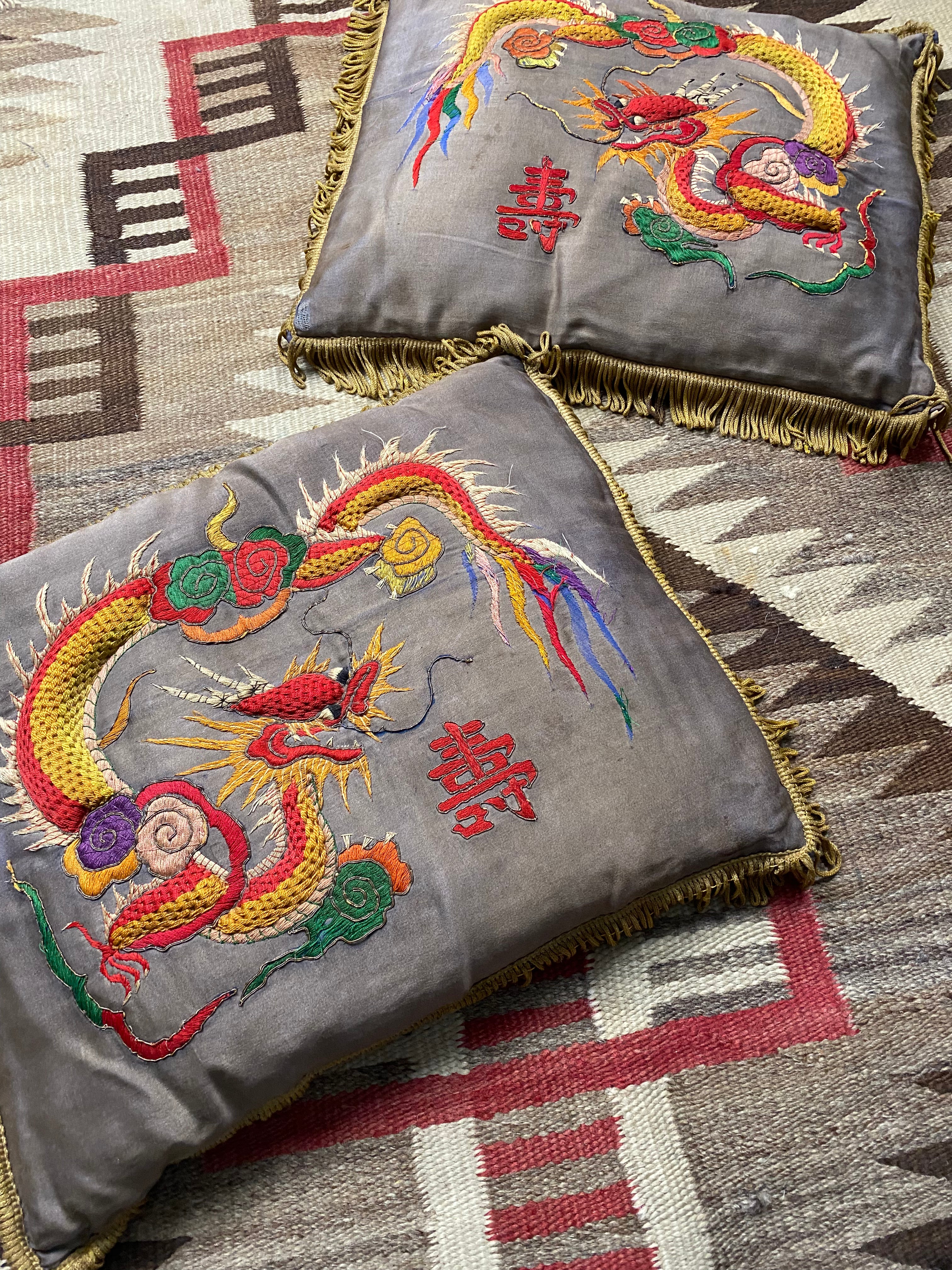 Chinese 1950's Silk Hand Embroidered Souvenir Pillows