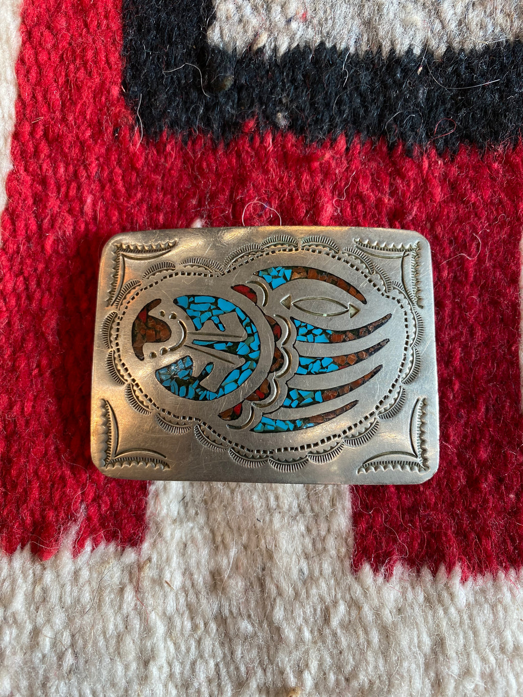 Navajo Sterling Silver Coral & Turquoise Bearclaw Belt Buckle