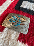 Navajo Sterling Silver Coral & Turquoise Bearclaw Belt Buckle