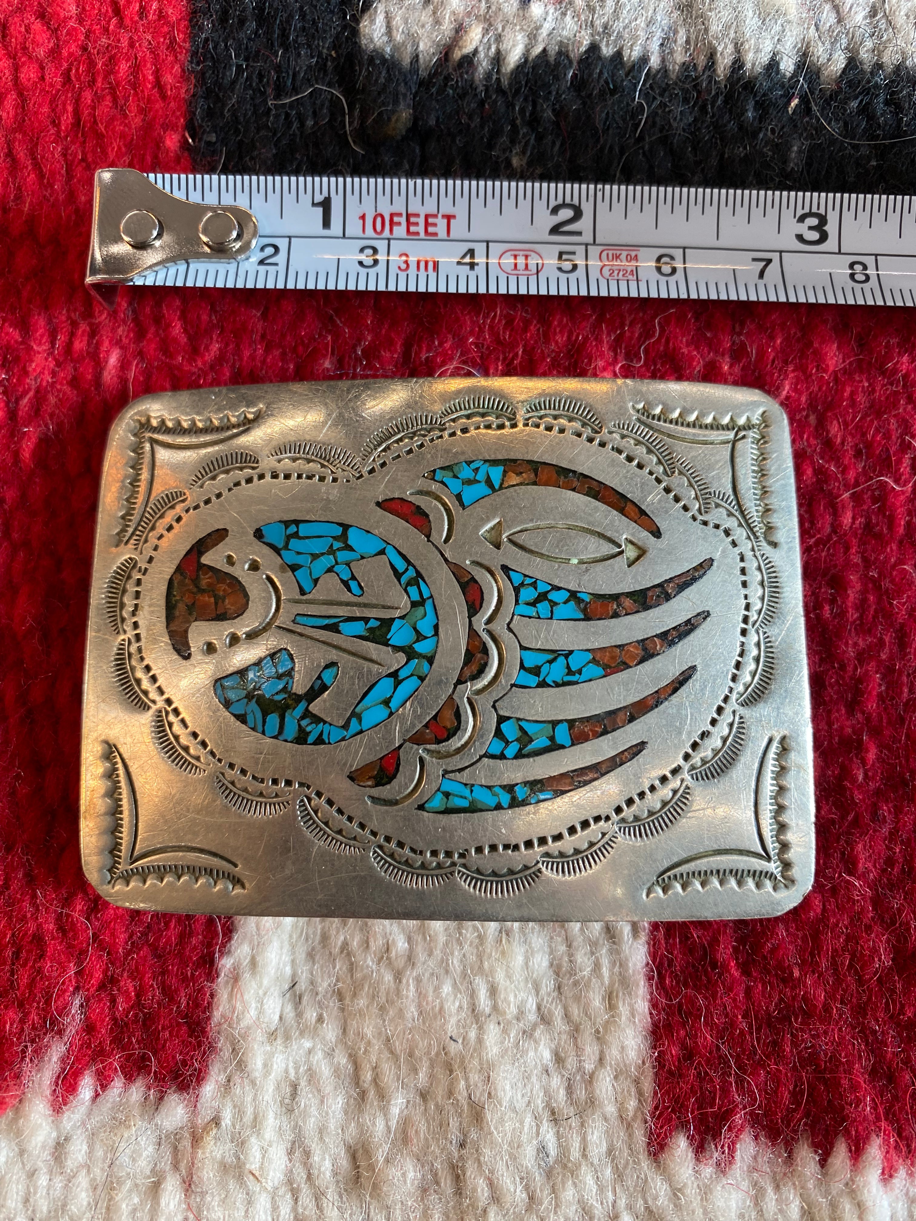 Navajo Sterling Silver Coral & Turquoise Bearclaw Belt Buckle