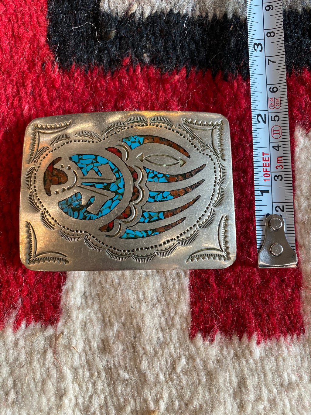 Navajo Sterling Silver Coral & Turquoise Bearclaw Belt Buckle