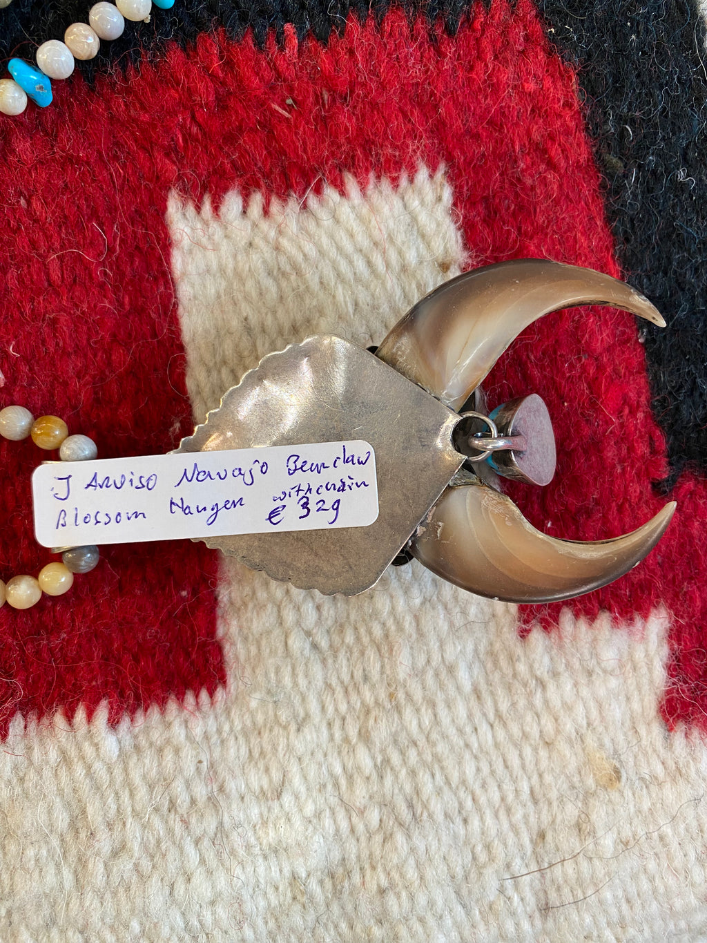 J. Arviso Navajo Sterling Silver Bear Claw Naya Hanger With Beaded Necklace