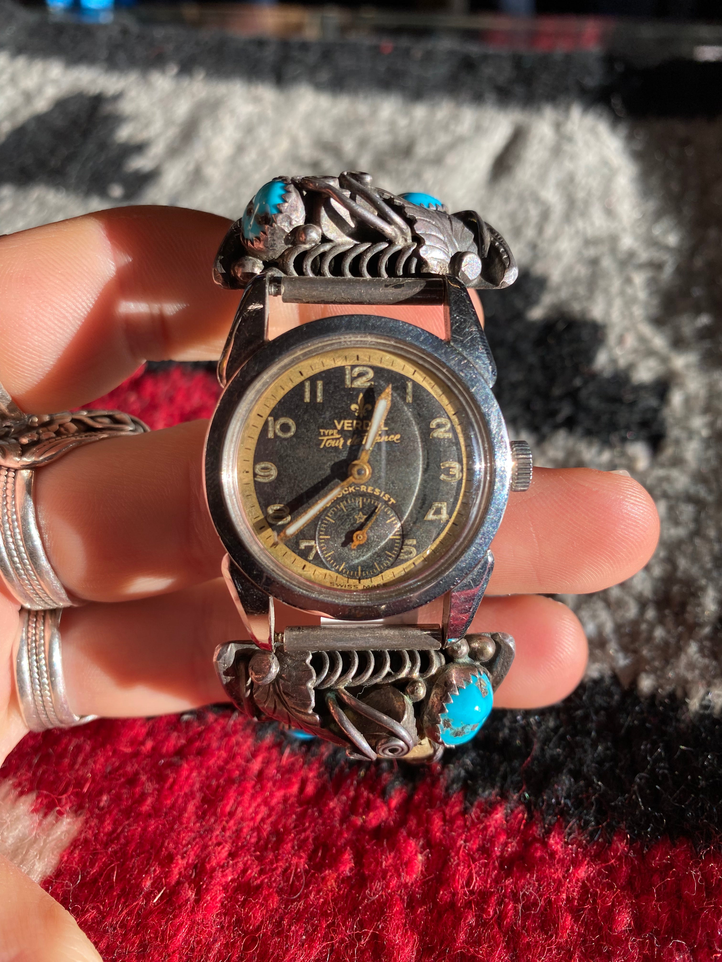 Dennis Kalisto Navajo Sterling Silver Watch Cuff With Old Pawn Verdal Watch