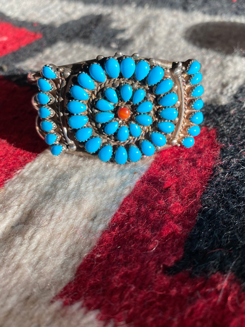 Navajo Sterling Silver Coral & Kingman Turquoise Teardrops Cuff