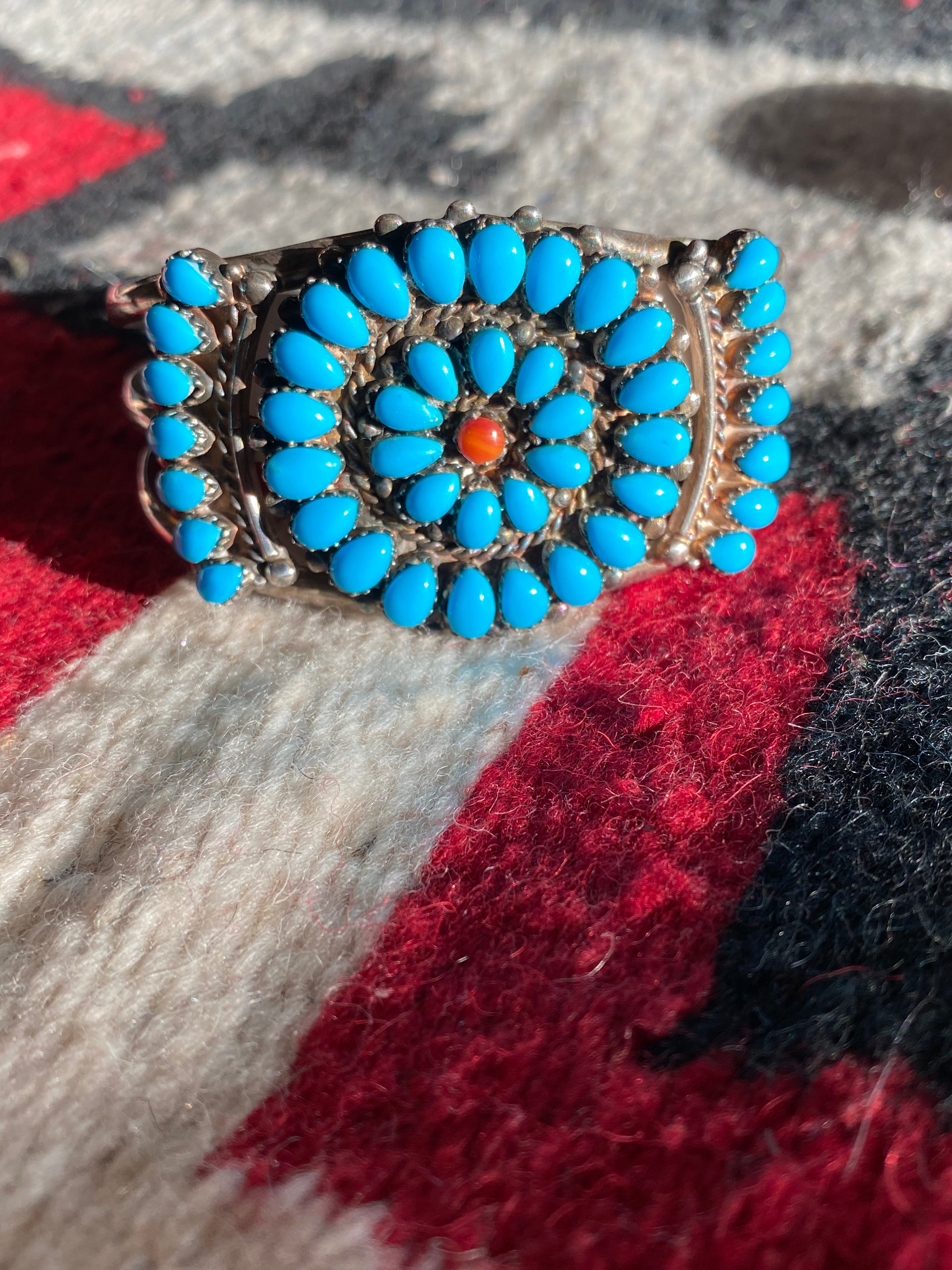 Navajo Sterling Silver Coral & Kingman Turquoise Teardrops Cuff